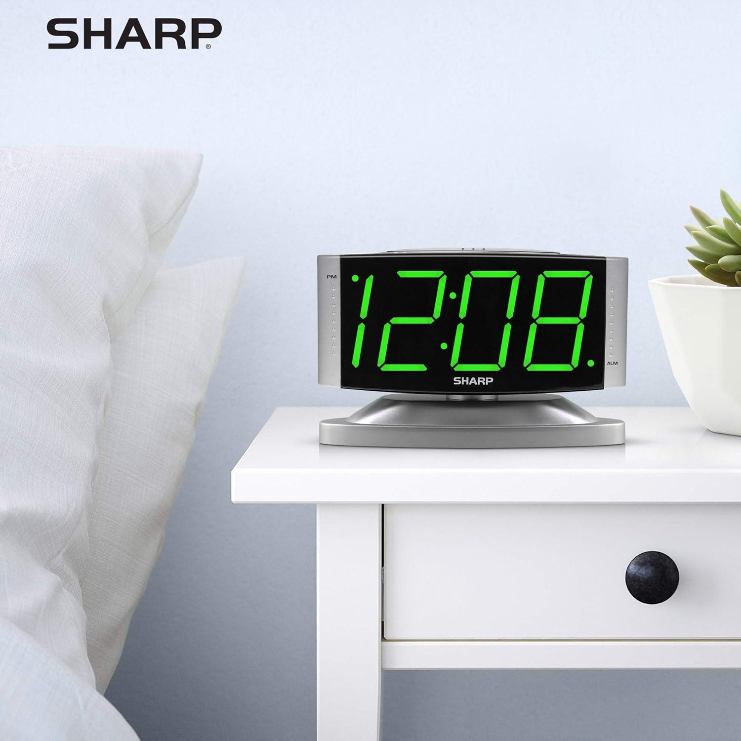 Sharp LED Digital Alarm Clock Swivel Base Outlet Powered Simple Operation Snooze Dimmer Large Green Digit Display