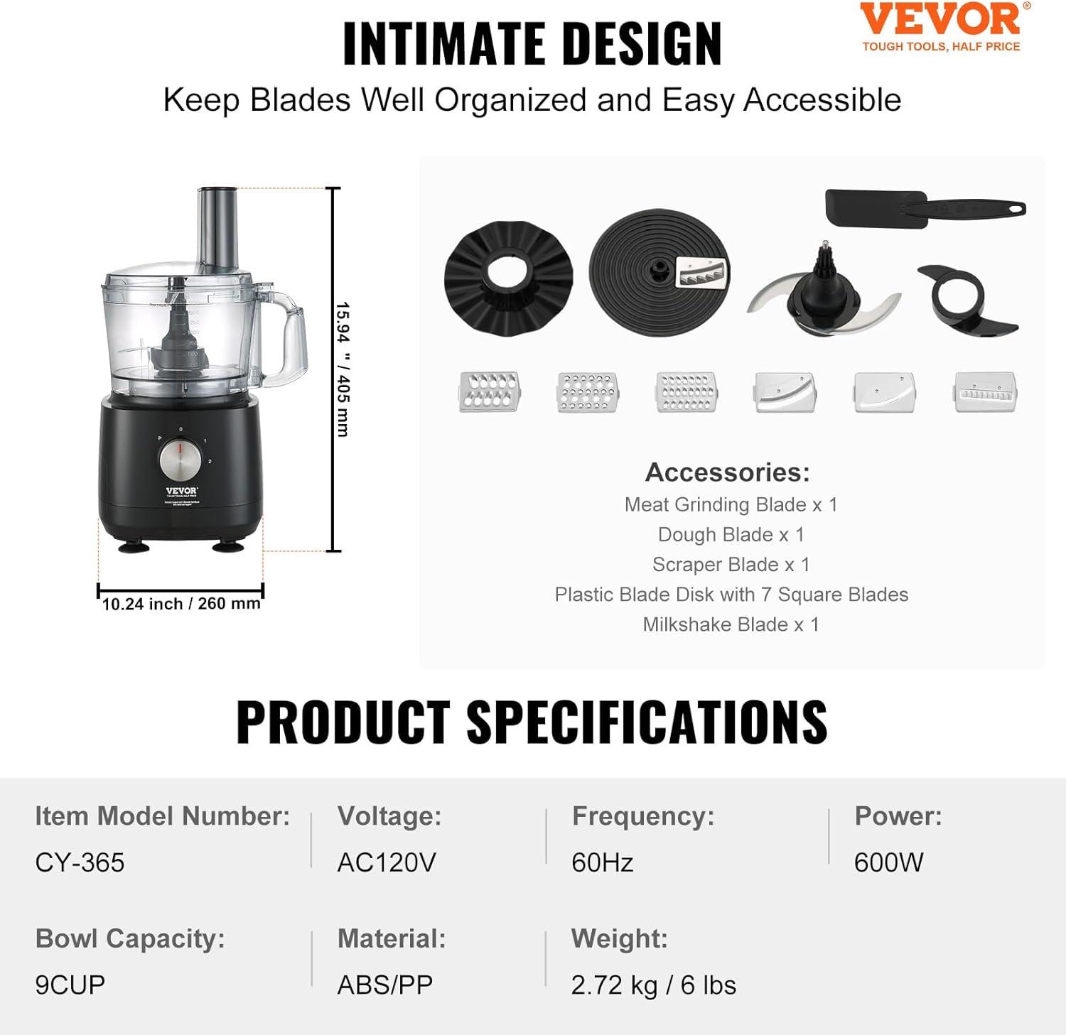 VEVOR 9-Cup Black Food Processor with Variable Speed