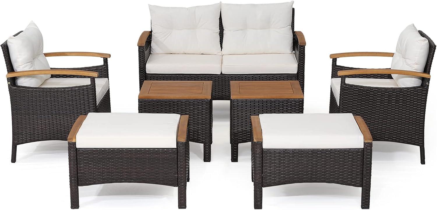 7-Piece Mix Brown Rattan Patio Sofa Set with Off-White Cushions and Acacia Wood