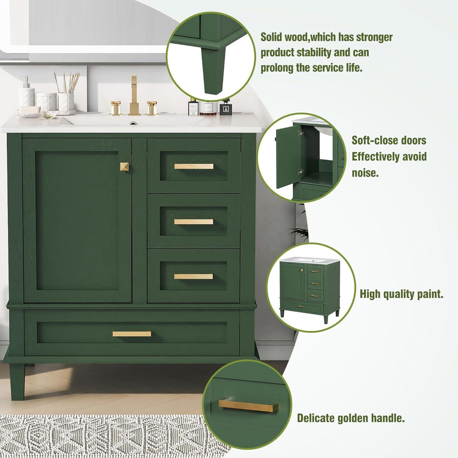 Green Solid Wood 30" Bathroom Vanity with Ceramic Sink