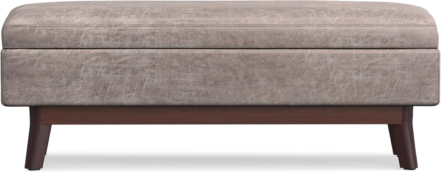 Simpli Home Owen 34 inch Wide Mid Century Modern Rectangle Tray Top Small Coffee Table Storage Ottoman in Distressed Grey Faux Leather