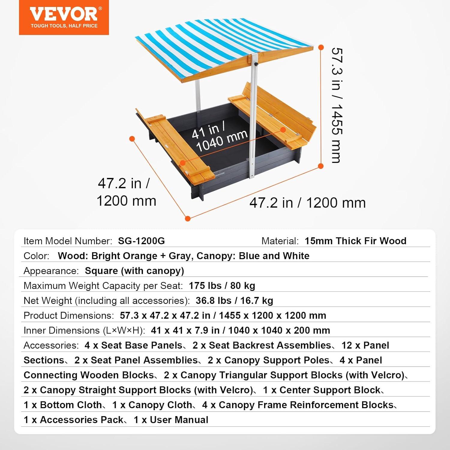 Wooden Sandbox with Adjustable Canopy and Bench Seats