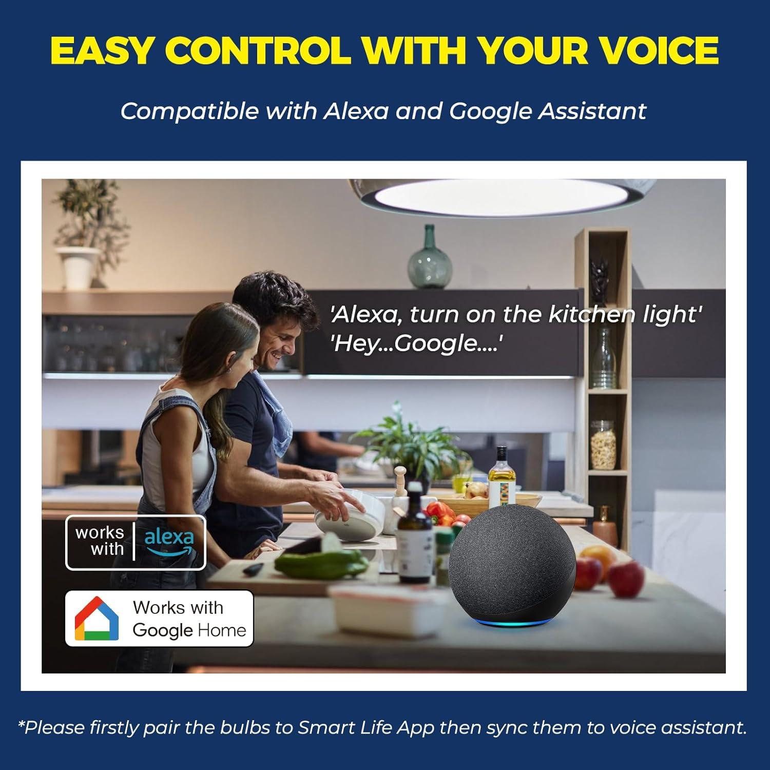 Candelabra Smart Light Bulbs 60W Equivalent, 500LM 6W E12 LED Bulb Compatible with Alexa/Google Home, RGBCW Candle Bulb for Chandelier, No Hub Required, 2.4G WiFi Only, ETL Listed, 1PC