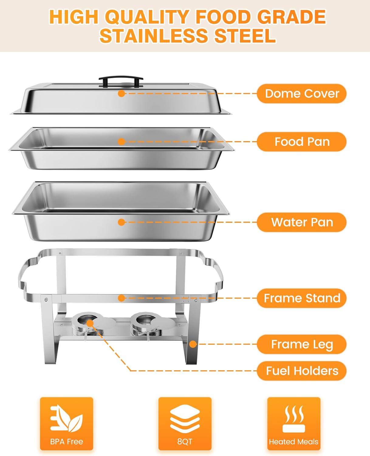 Chafing Dish Buffet Set 4 Pack, 8 QT Food Servers and Warmers Stainless Steel Chafer with Water Pan for Weddings, Parties, Banquets, and Catering