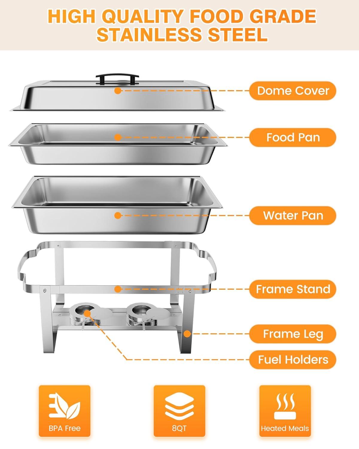 Chafing Dish Buffet Set 4 Pack, 8 QT Food Servers and Warmers Stainless Steel Chafer with Water Pan for Weddings, Parties, Banquets, and Catering
