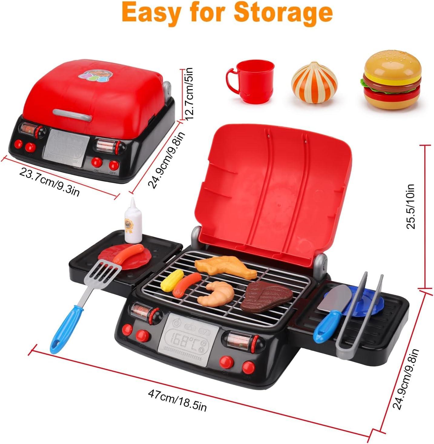RUVINCE Kids BBQ Grill Playset - Kitchen Toy Grill Set with Smoke & Light
