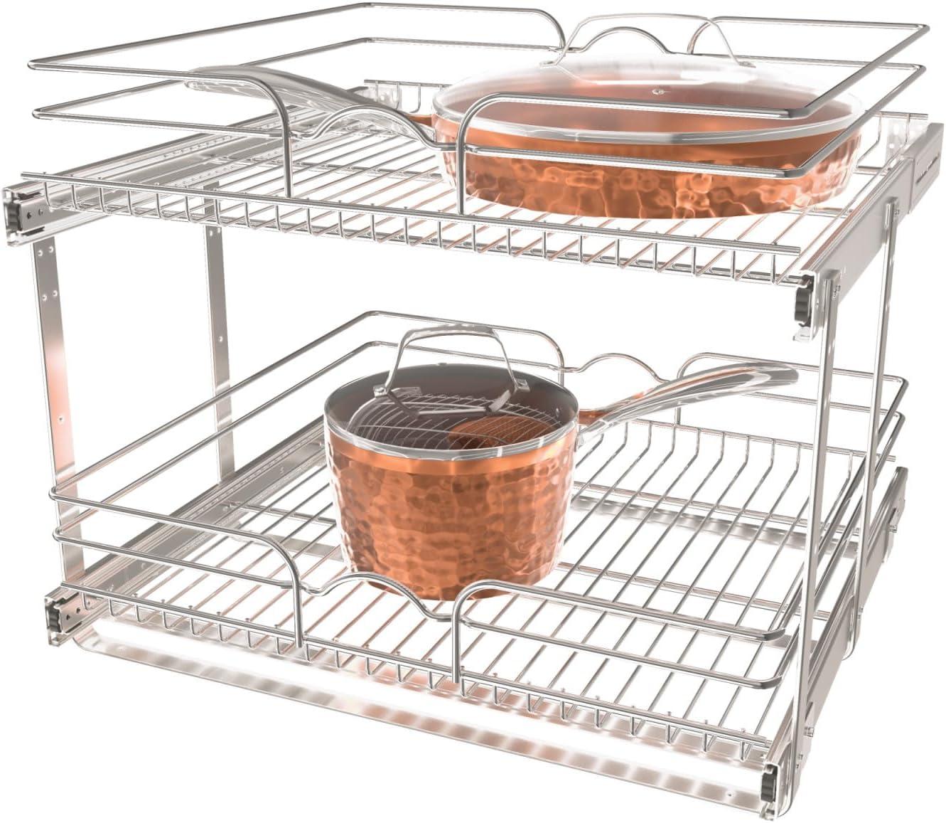 Rev-A-Shelf 5WB2 2-Tier Wire Basket Pull Out Shelf Storage for Kitchen Base Cabinet Organization, Chrome