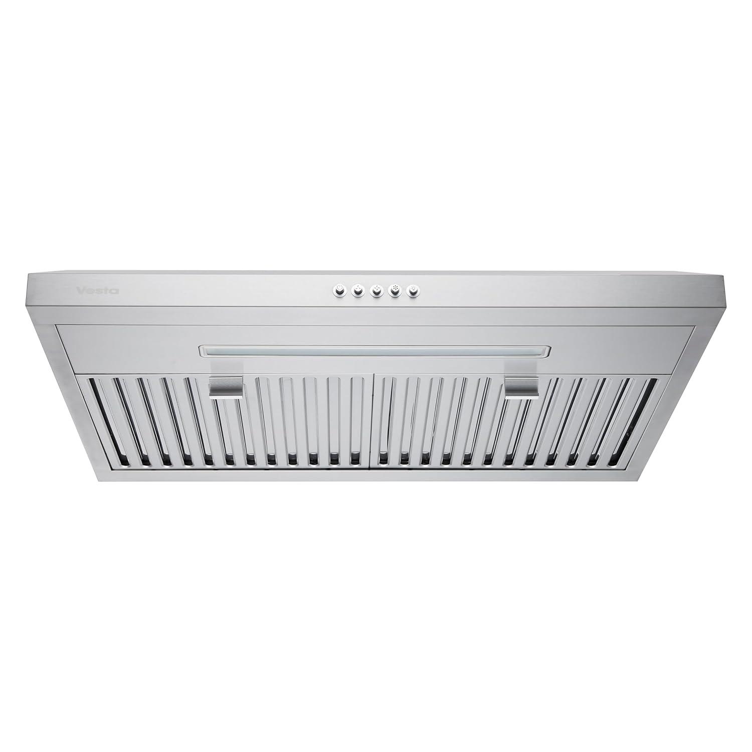 VESTA Chicago 750CFM Powerful 30'' Under Cabinet Range Hood With Seamless Stainless Steel Body, Single Motor, 3 Speeds Mechanical Button Control, Round 6" Top Vent, Baffle Filters, and LED Light