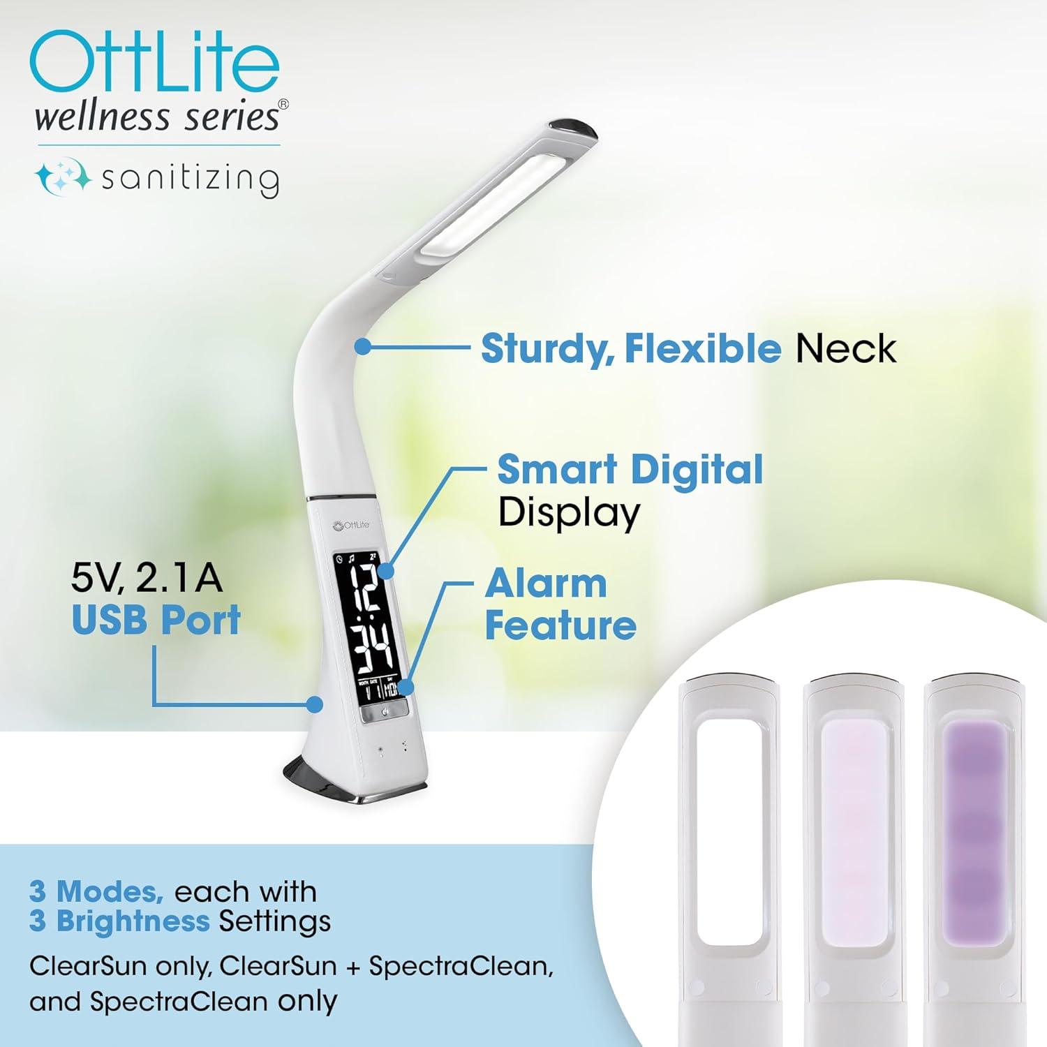 OttLite Thrive Sanitizing Desk Lamp with Clock and USB Charging White (Includes LED Light Bulb): Modern Study Lamp, ETL Listed, Touch Sensor