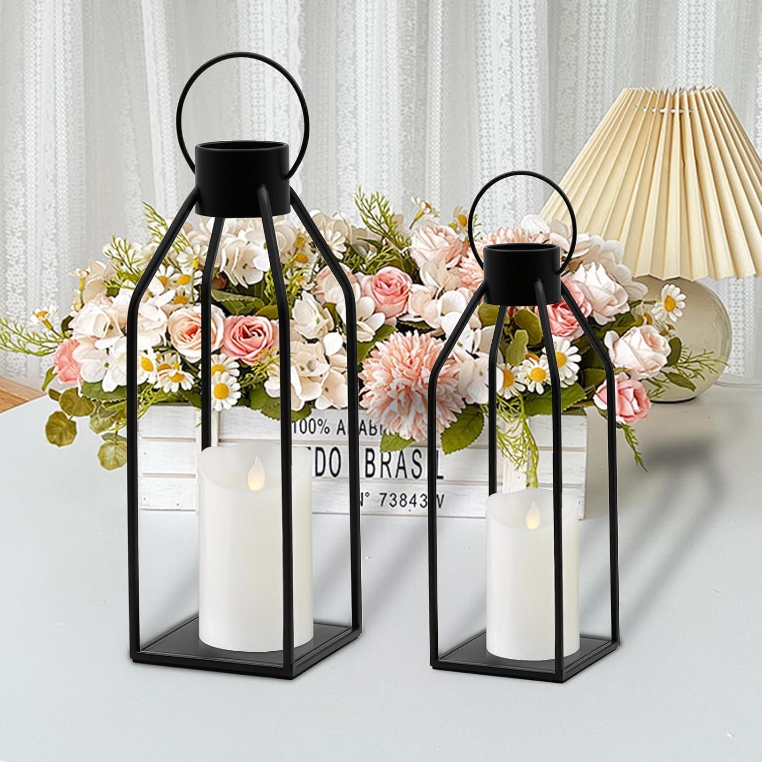 Black Metal Tabletop and Hanging Candle Lanterns with LED Candles