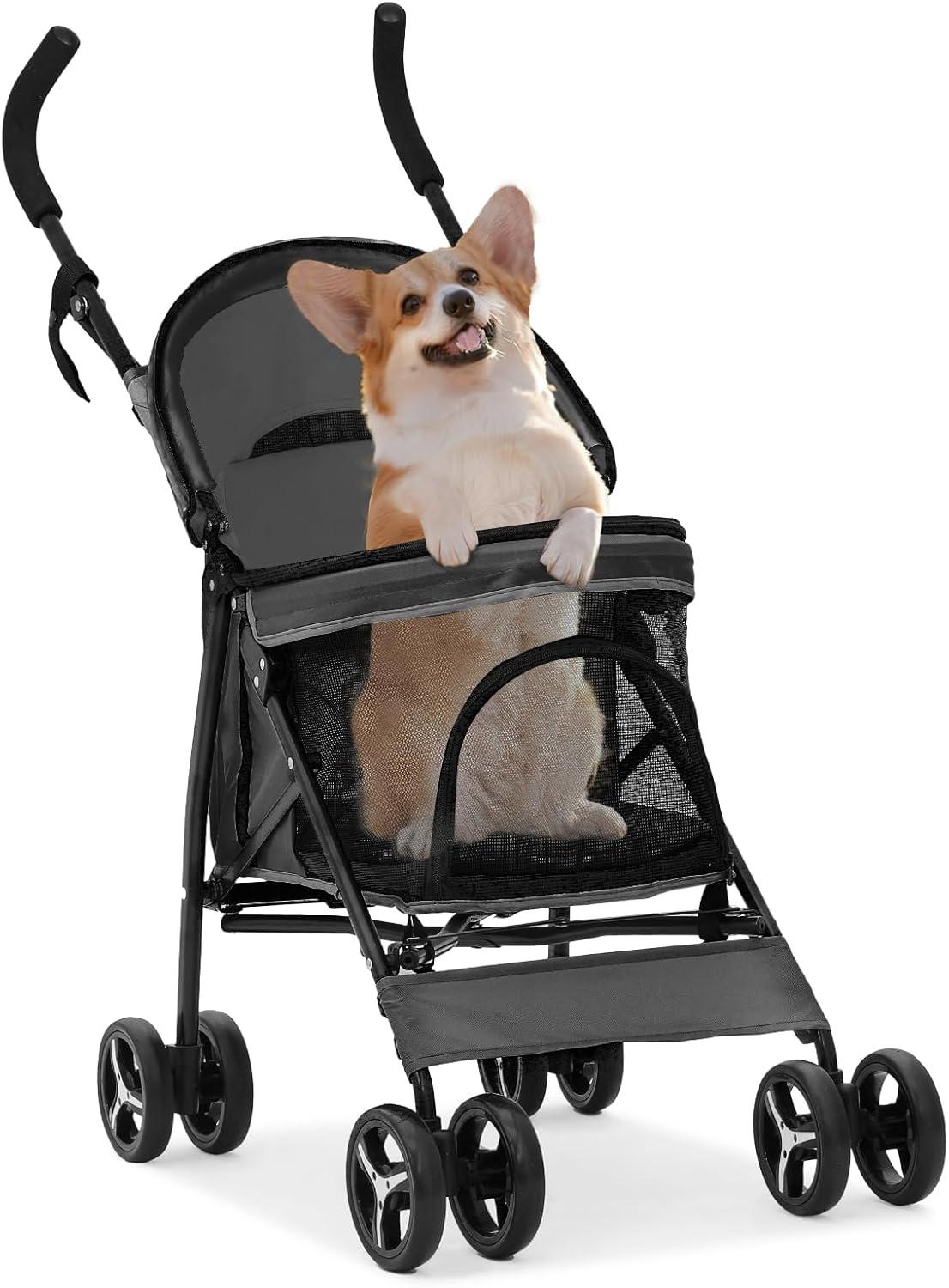 Black Steel Foldable Pet Stroller with Rubber Wheels