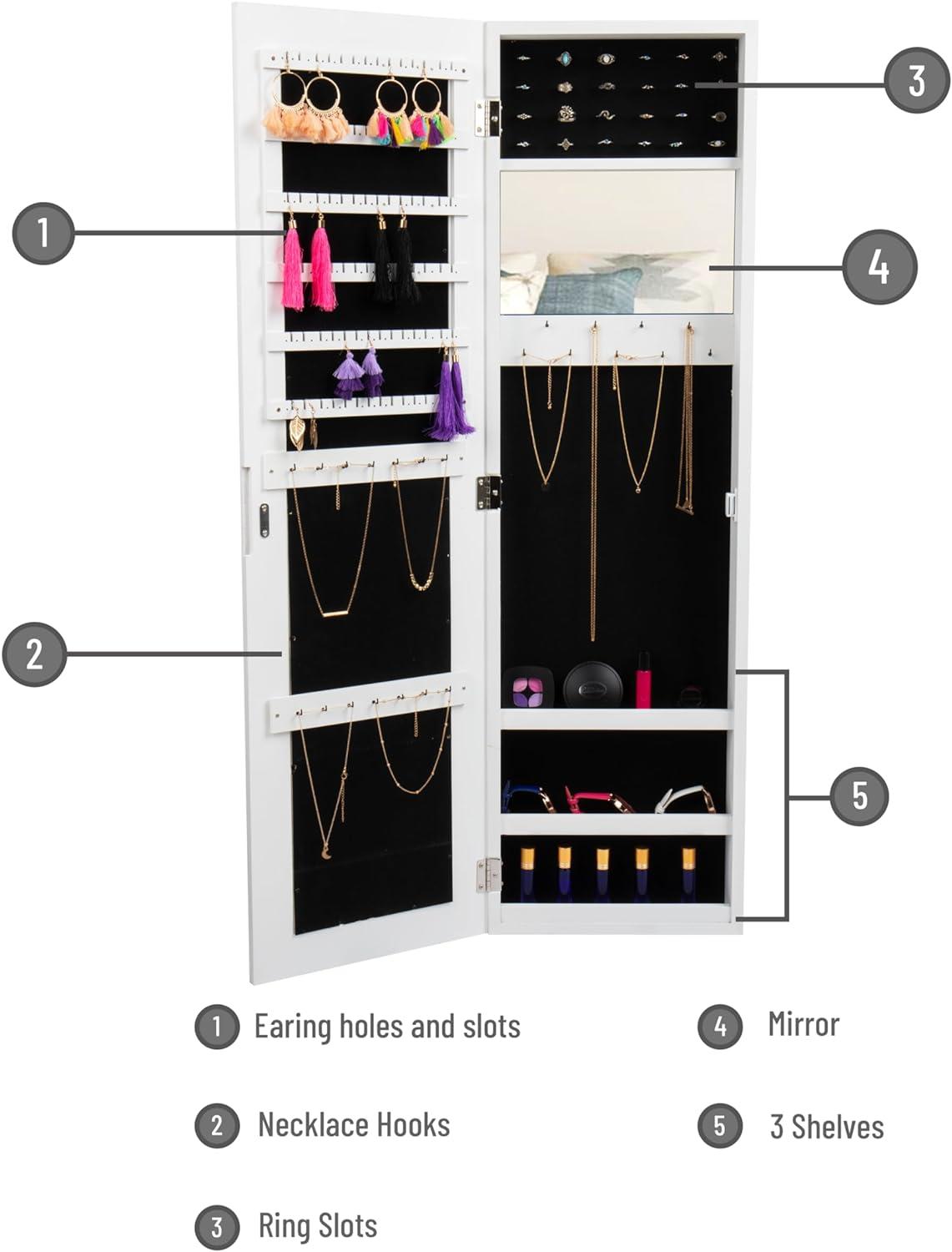 Elegant White Pine Wall-Mounted Jewelry Armoire with Full-Length Mirror