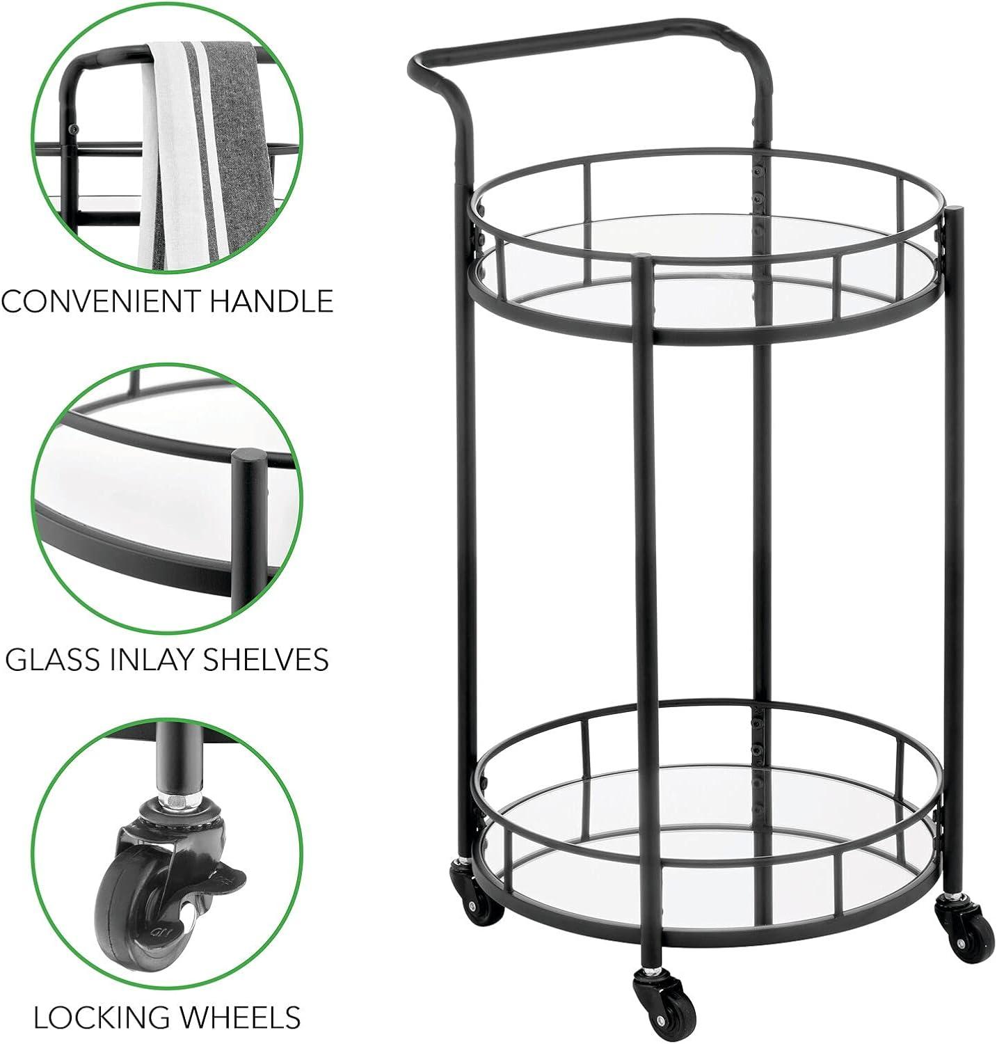 Black Round Metal Rolling Bar Cart with Glass Shelves