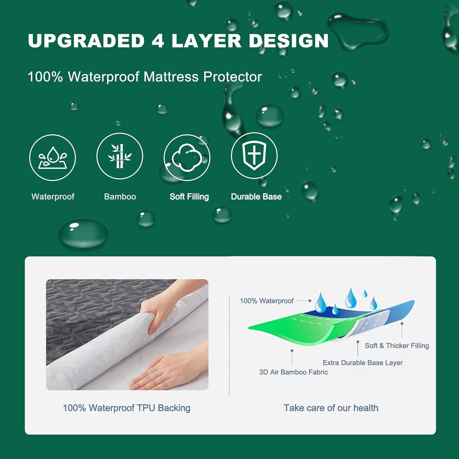 Queen Size Waterproof Mattress Protector, 40% Rayon Derived From Bamboo Grey Mattress Pad Cover, 3D Air Fabric Breathable Mattress Pad Fitted With Deep Pocket 6"- 15" Machine Washable