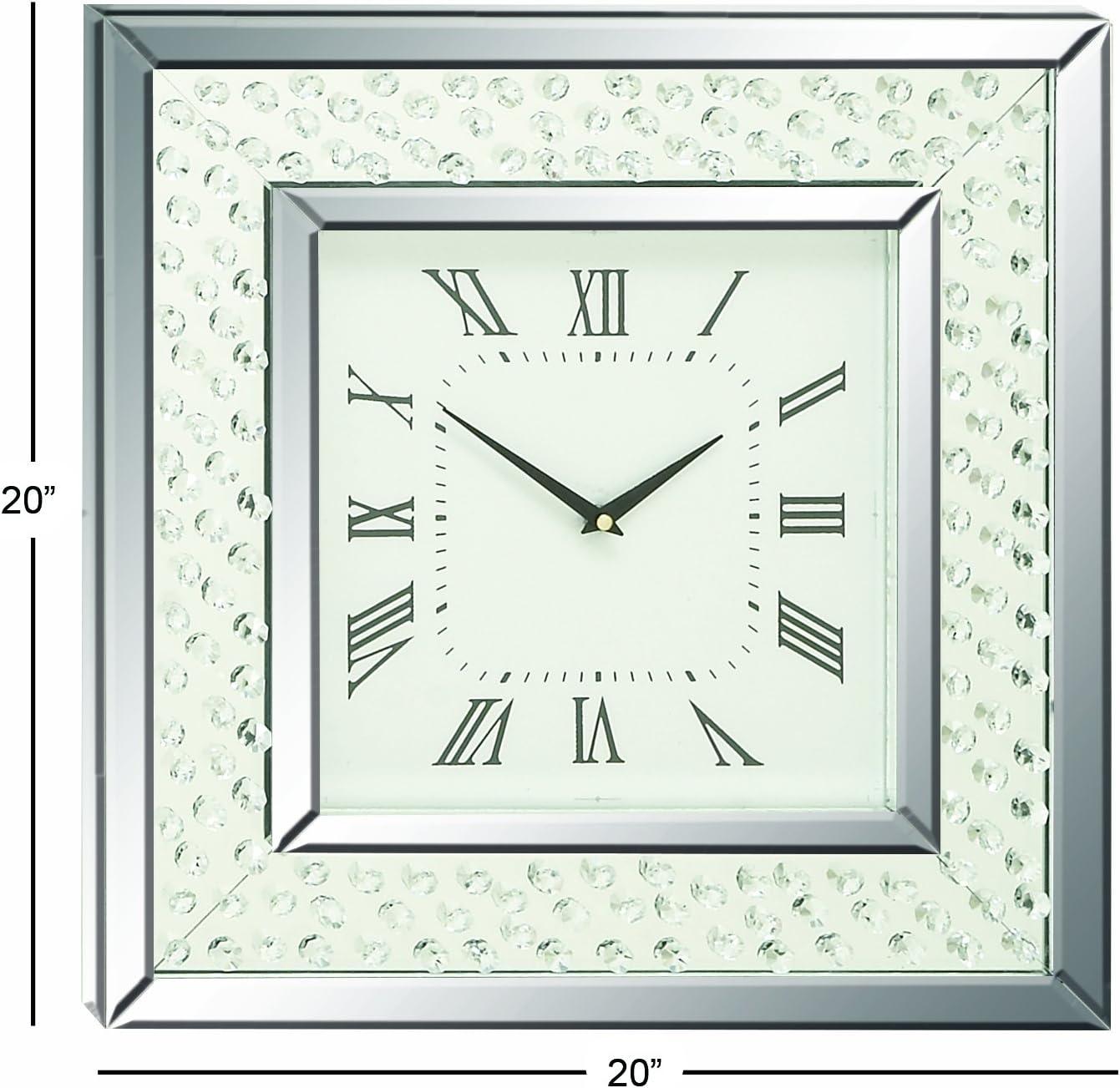 Wood Mirrored Wall Clock with Floating Crystals Silver - Olivia & May: Silent, Art Deco Style, Square Shape