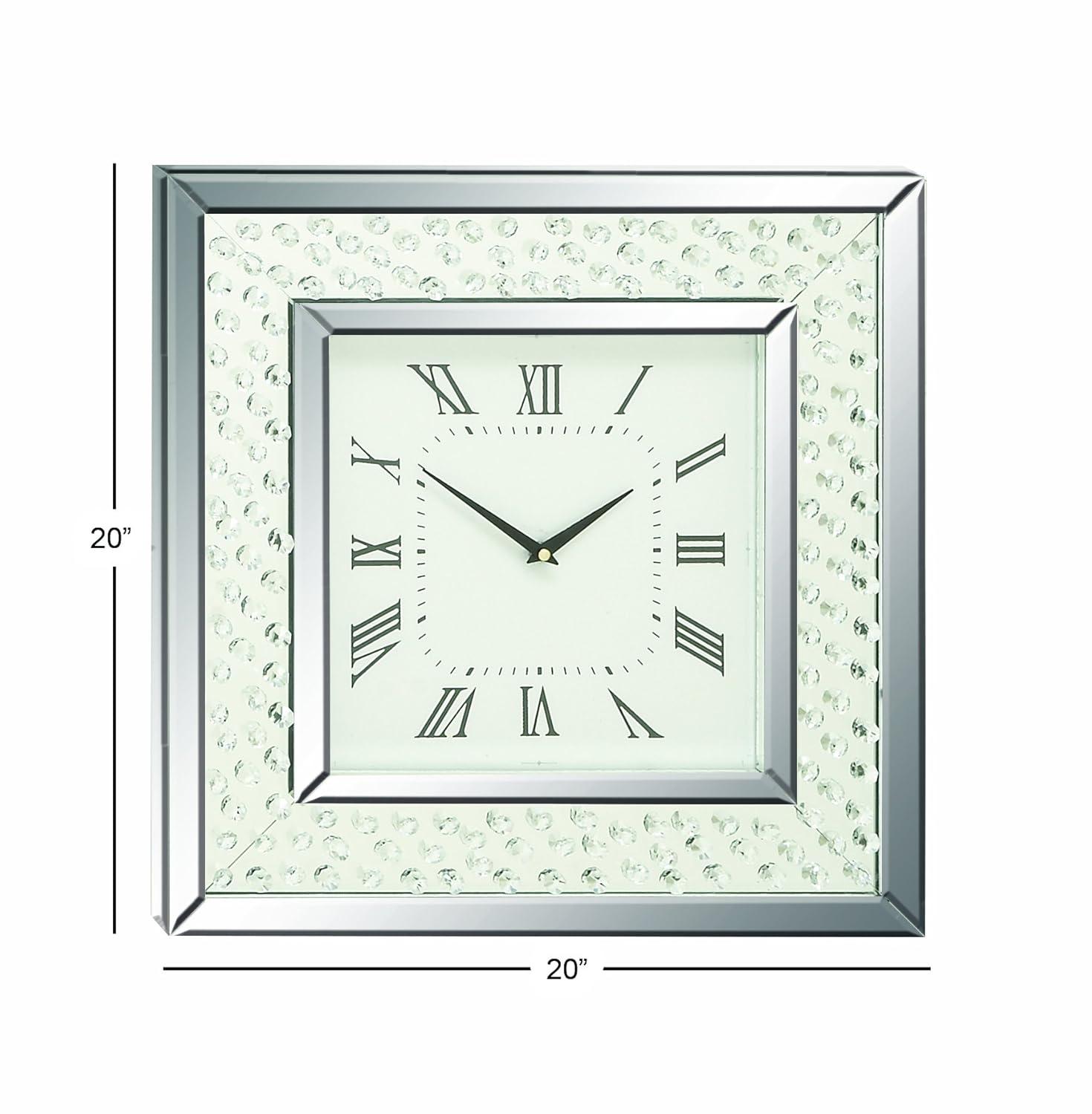 Wood Mirrored Wall Clock with Floating Crystals Silver - Olivia & May: Silent, Art Deco Style, Square Shape