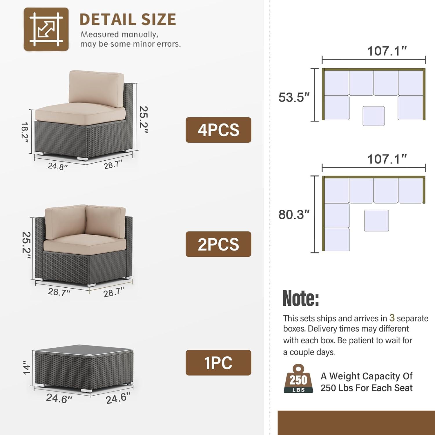 6-Person Brown Wicker Outdoor Sectional Sofa with Glass Table