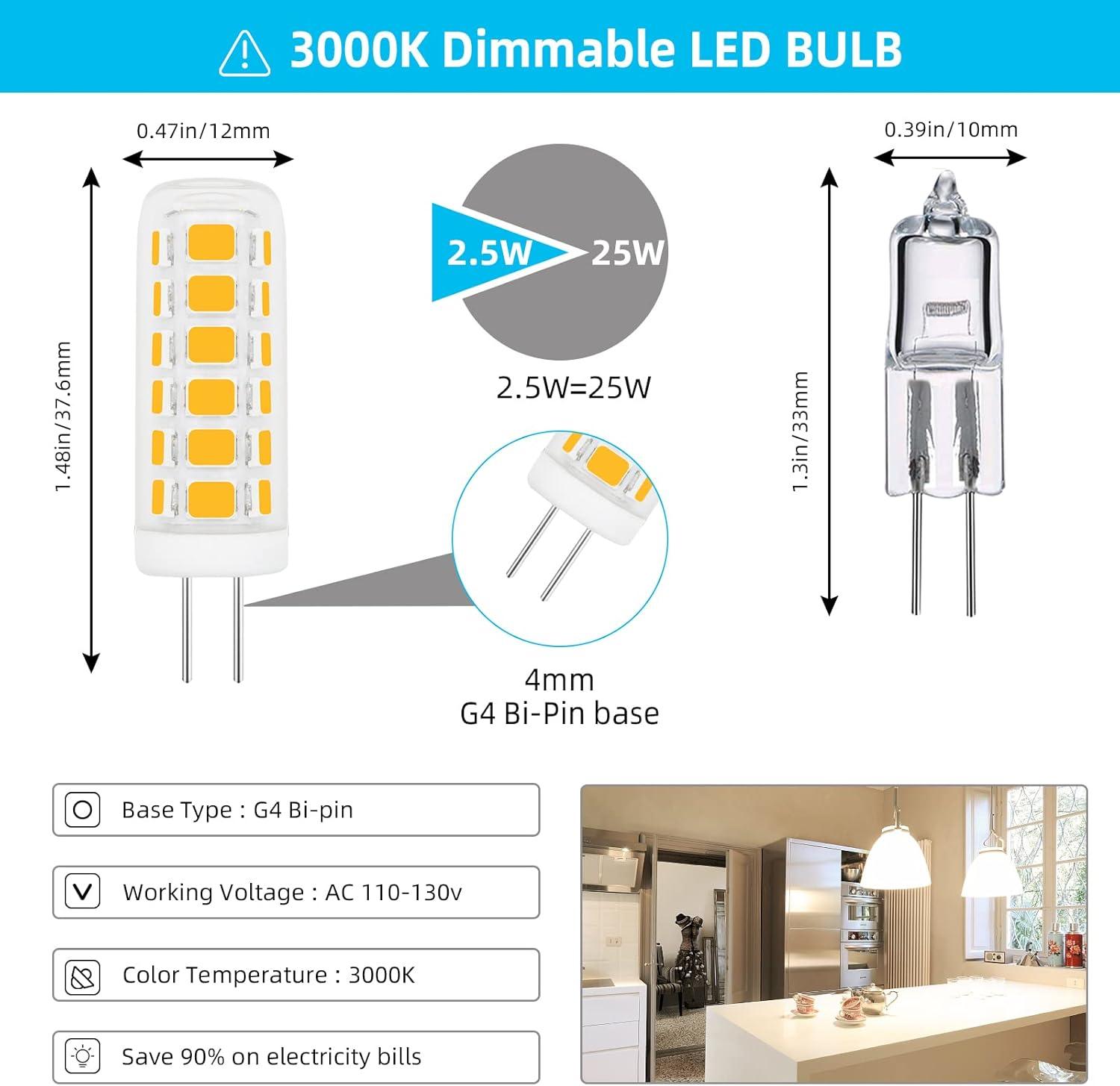 G4 LED Bulb 120V Bi-Pin Base, 3W Soft Warm White 3000K, Replaces 30W-35W Halogen for Under Cabinet, Ceiling, Wall, and Puck Lights