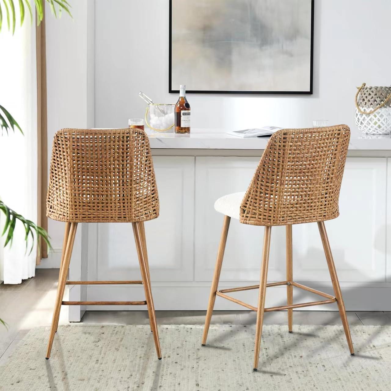 Rattan Counter Height Bar Stools Set Of 2, Fabric Upholstered Barstools With Pe Rattan Cane Back, Bar Chairs Counter Stools For Kitchen Island,beige White (Set of 2)