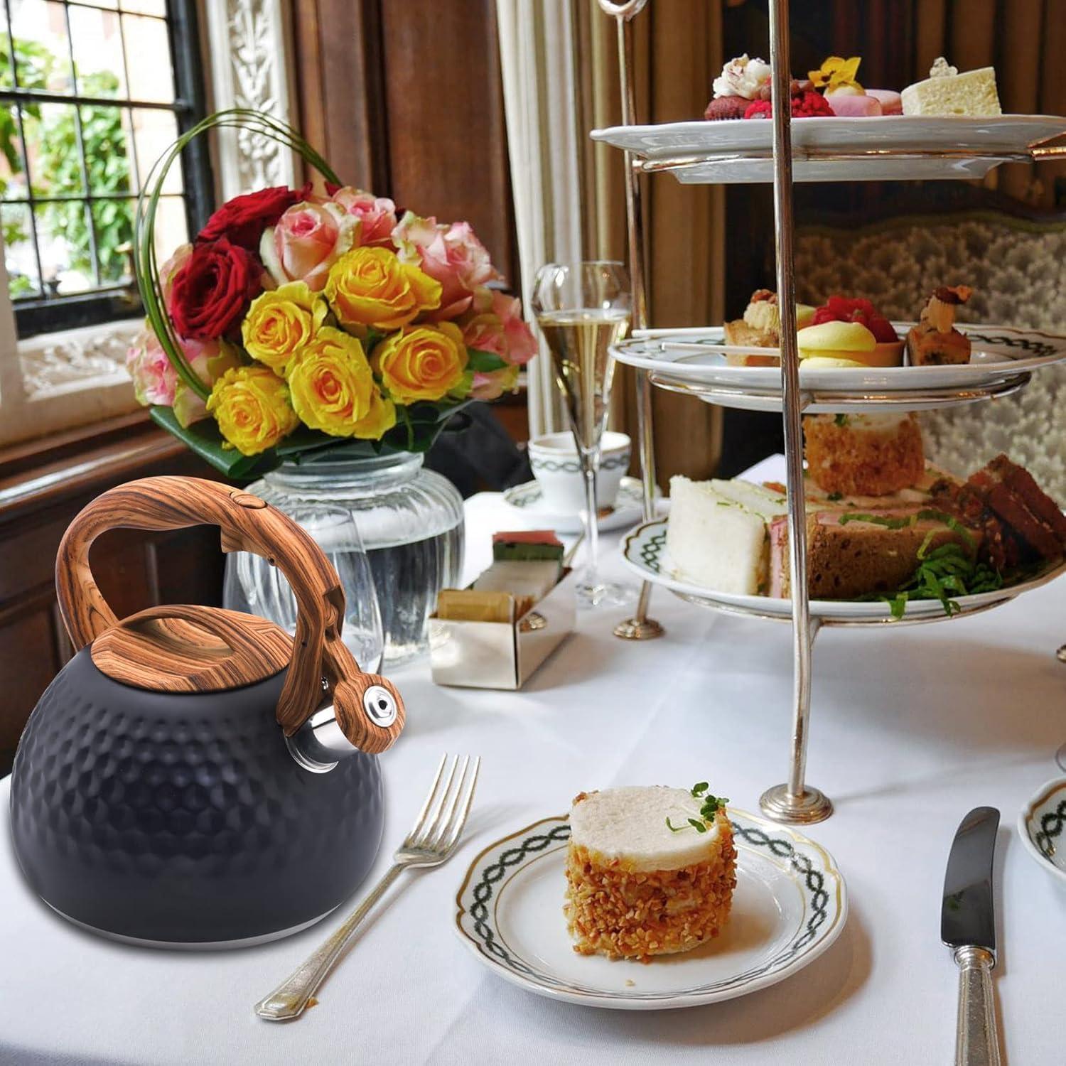 MODERN WALLS LLC Tea Kettle, 3.2 Qt Stainless Steel Whistling Kettle For Stove Top, Food Grade Teapot With Wood Pattern Handle For Coffee, Milk Etc, Gas Electric Applicable