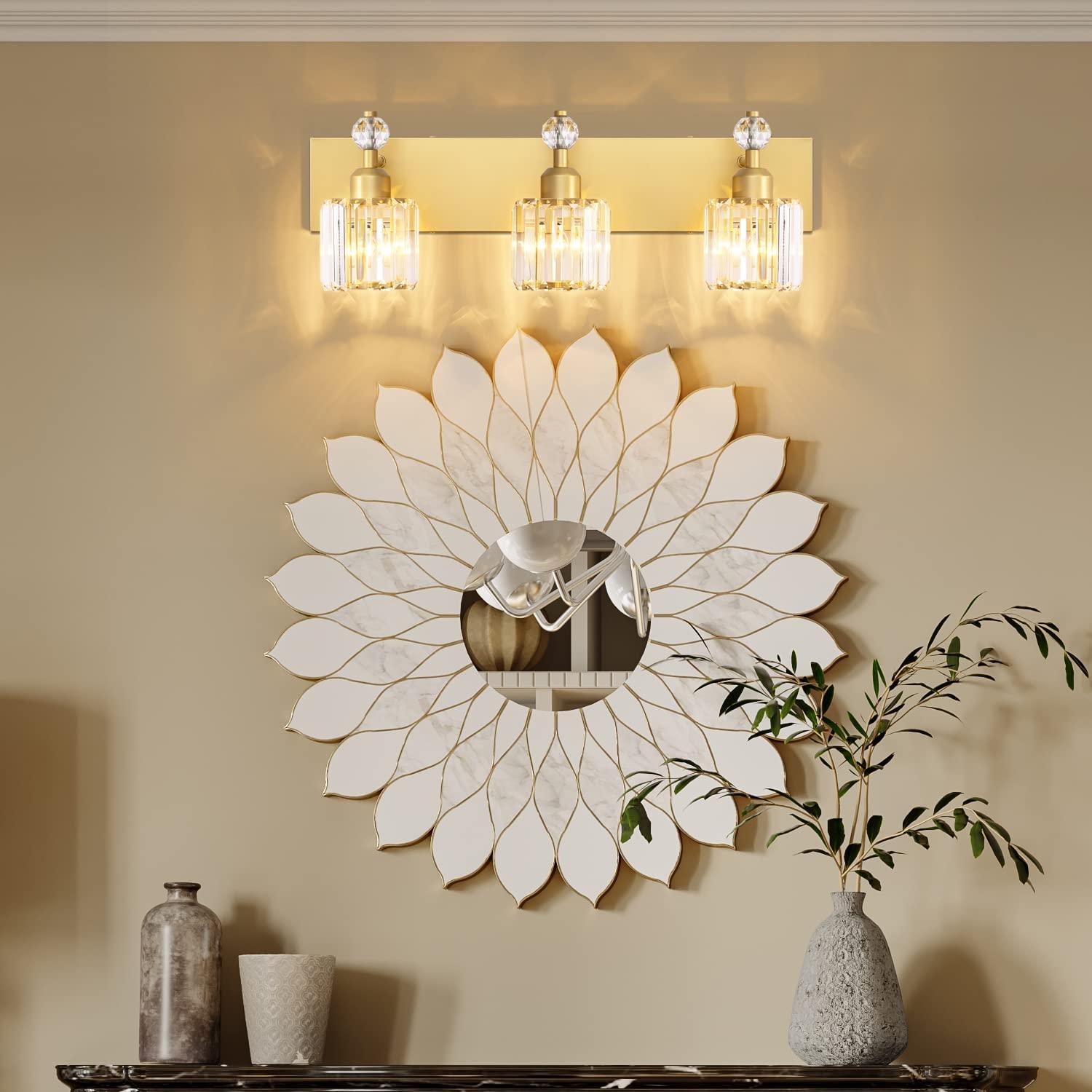 PRESDE Black Crystal Bathroom Lights Fixtures Over Mirror Modern 3 Light Vanity Lighting Bathroom Wall Light Fixtures(Exclude Bulb)