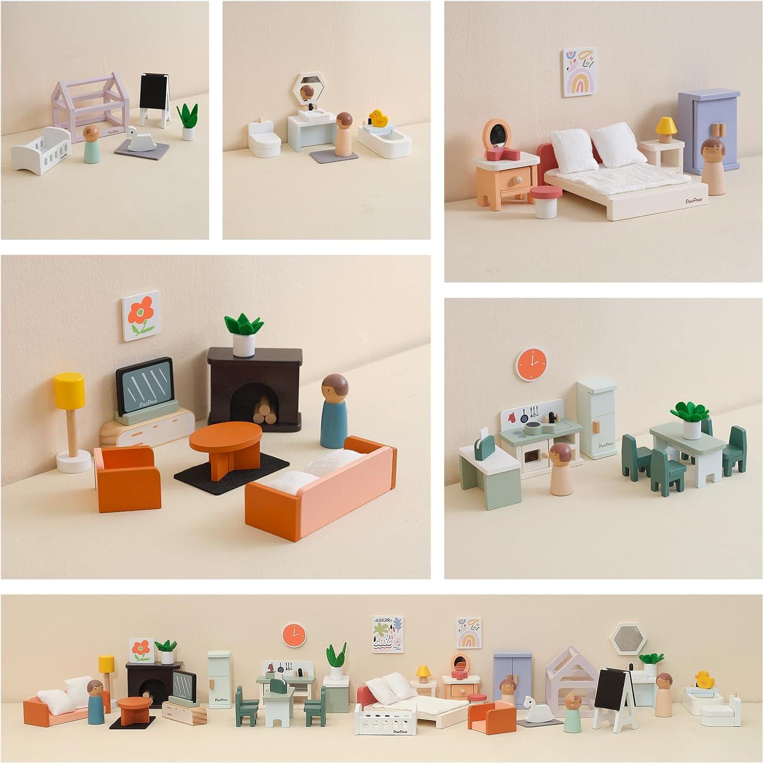 PairPear Wooden Dollhouse Furniture Set,56 Pieces Doll Furnitures with 5 Room Kits Play Fingers,Doll House Miniature Furniture Pretend Play Toys Gift for Toddler Boys and Girls 3Y+