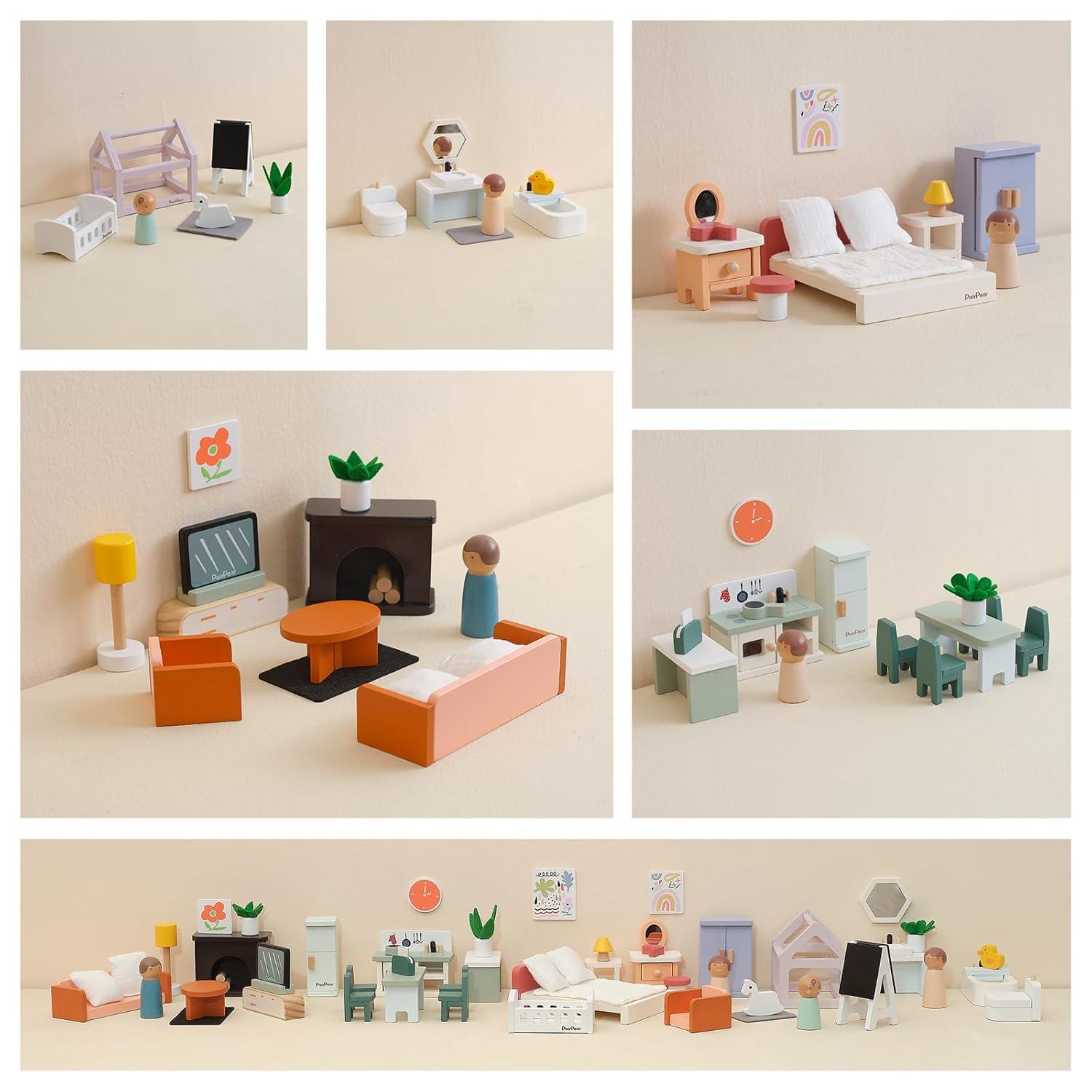 PairPear Wooden Dollhouse Furniture Set,56 Pieces Doll Furnitures with 5 Room Kits Play Fingers,Doll House Miniature Furniture Pretend Play Toys Gift for Toddler Boys and Girls 3Y+