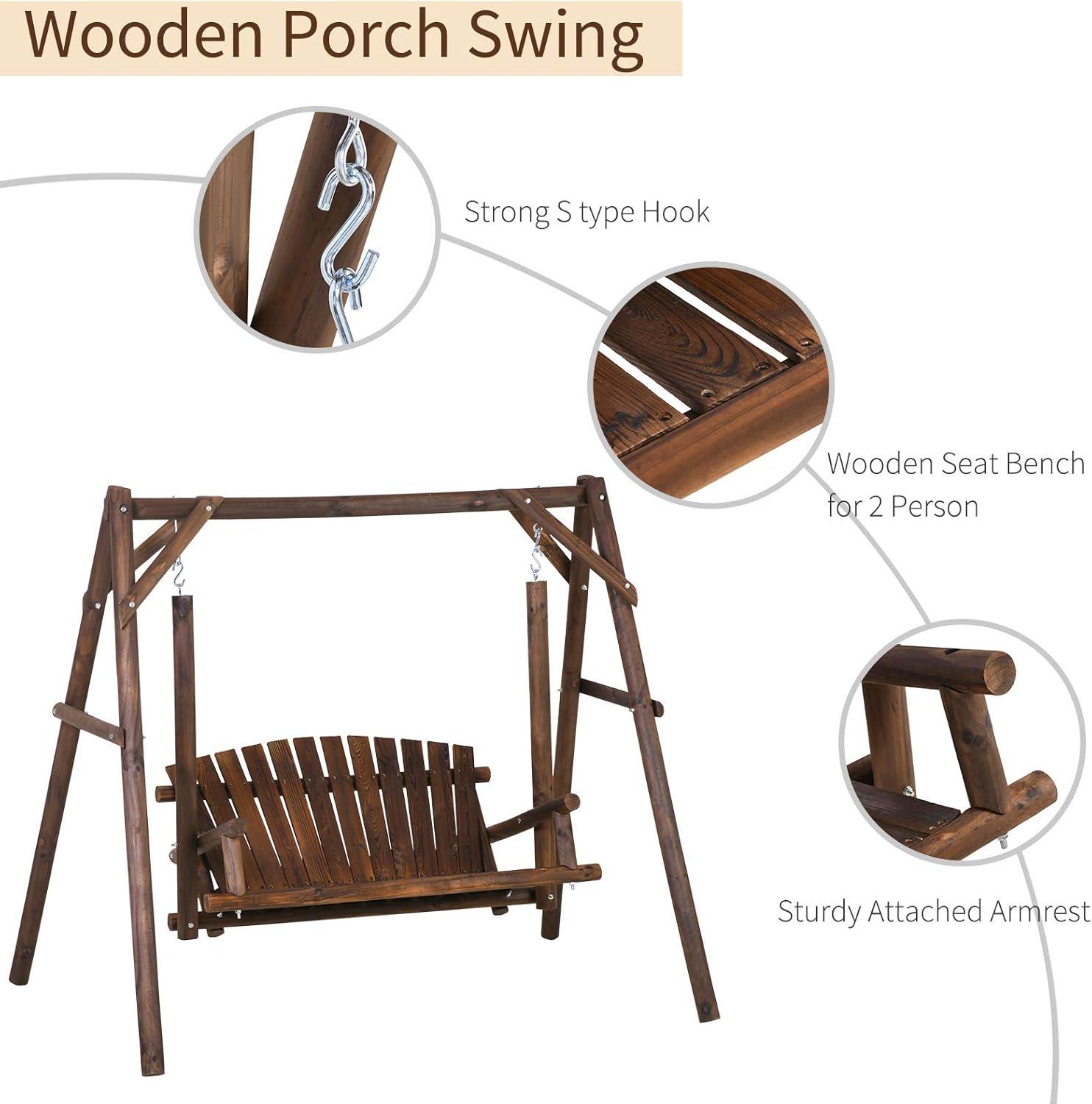 Outsunny Wooden Swing Bench, Garden Swing Chair for Patio, Yard, Porch, Carbonized