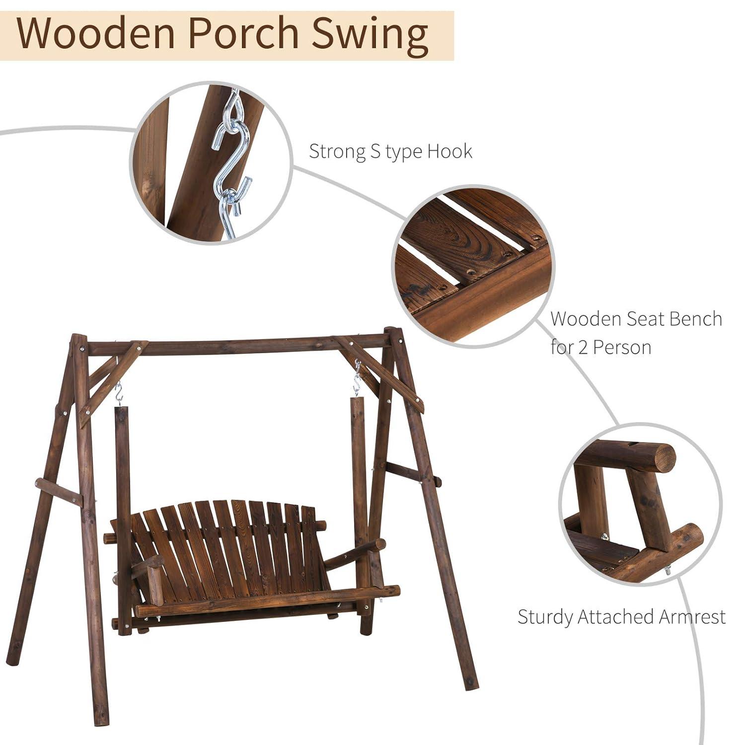 Outsunny Wooden Swing Bench, Garden Swing Chair for Patio, Yard, Porch, Carbonized