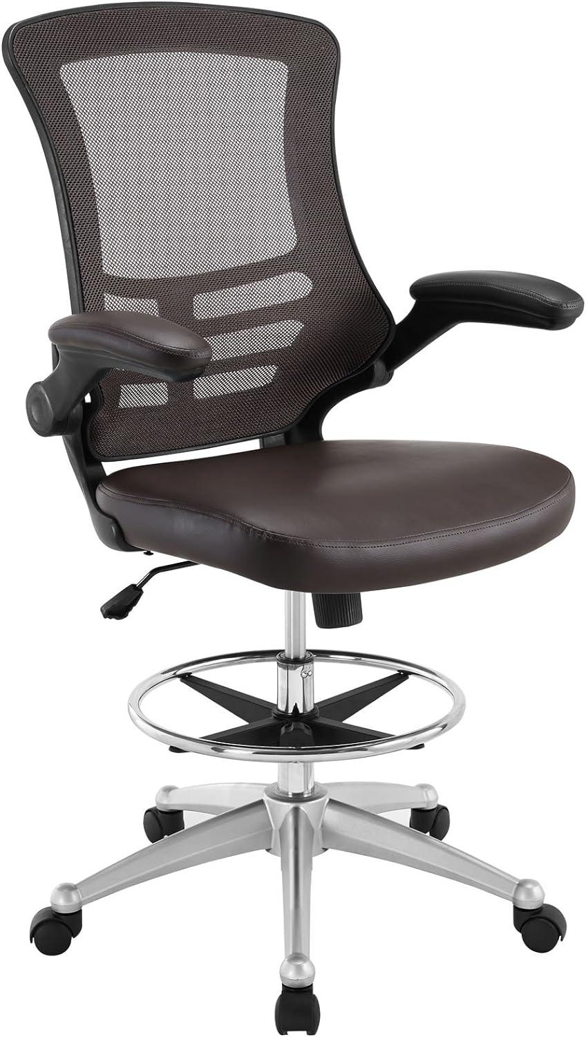 Elevated Brown Vinyl & Mesh Drafting Chair with Adjustable Arms and Swivel