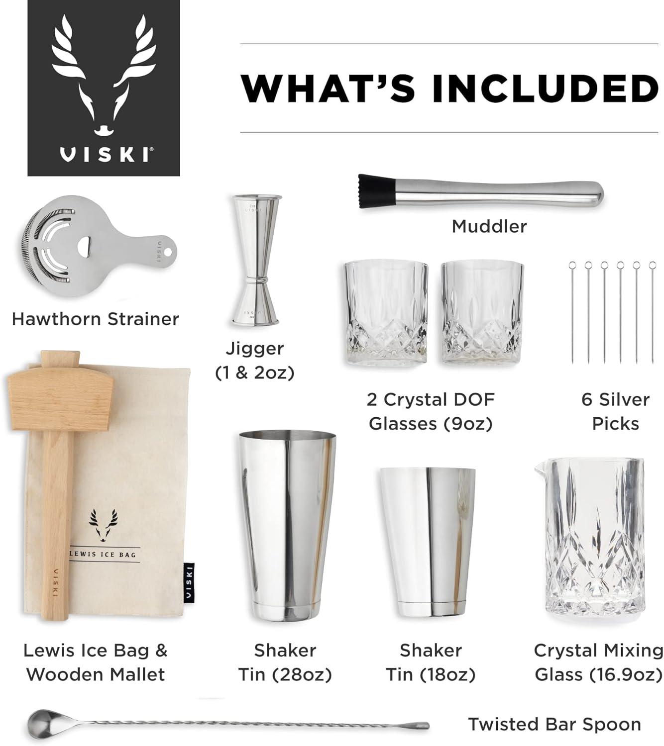 Viski 17-Piece Bar Tools Bartender Tool Kit - Cocktail Making Kit - Bartending Supplies with Shakers and More Set of 17, Silver