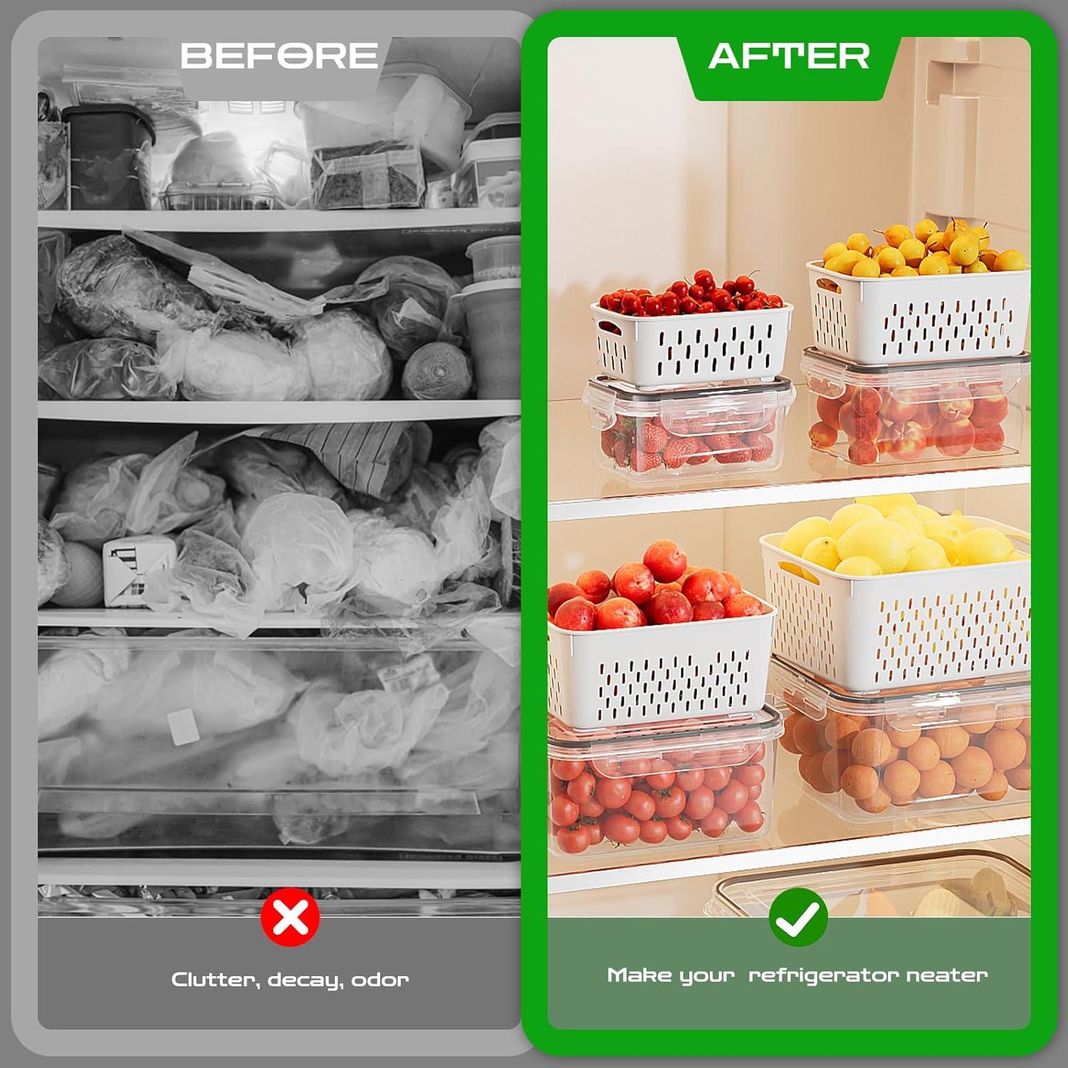 6 Pack Fruit Storage Containers for the Fridge with vent holes and handles， Airtight Food Storage Containers Keep Fruits, Vegetables, Berry, and Meat Fresh longer, BPA-free Fridge Storage Container