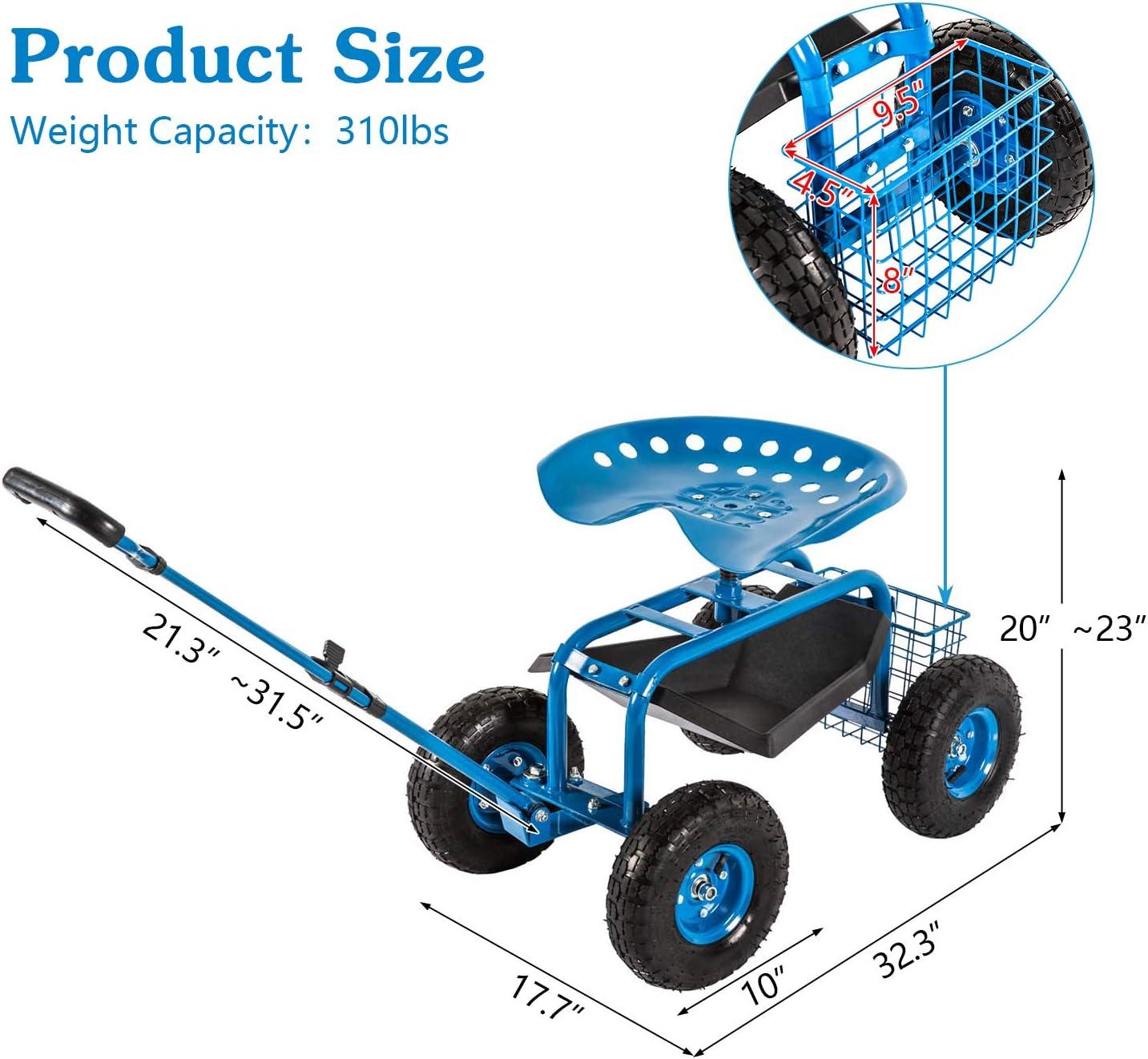 Rolling Garden Cart Scooter Stool - Garden Seat with Wheels Garden Cart with Seat, Adjustable Handle 360 Degree Swivel (Blue)