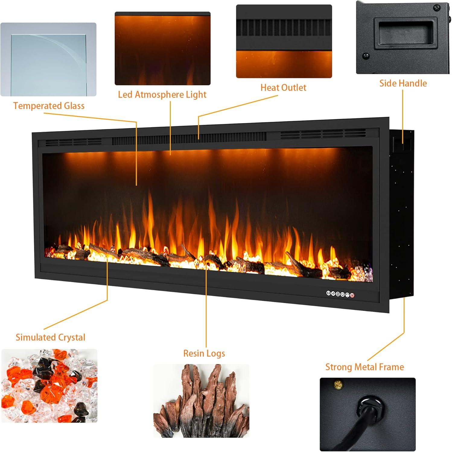 84 in. Electric Fireplace, Fireplace Insert/Wall Mounted with Thermostat, 1500-Watt to 750-Watt in Black