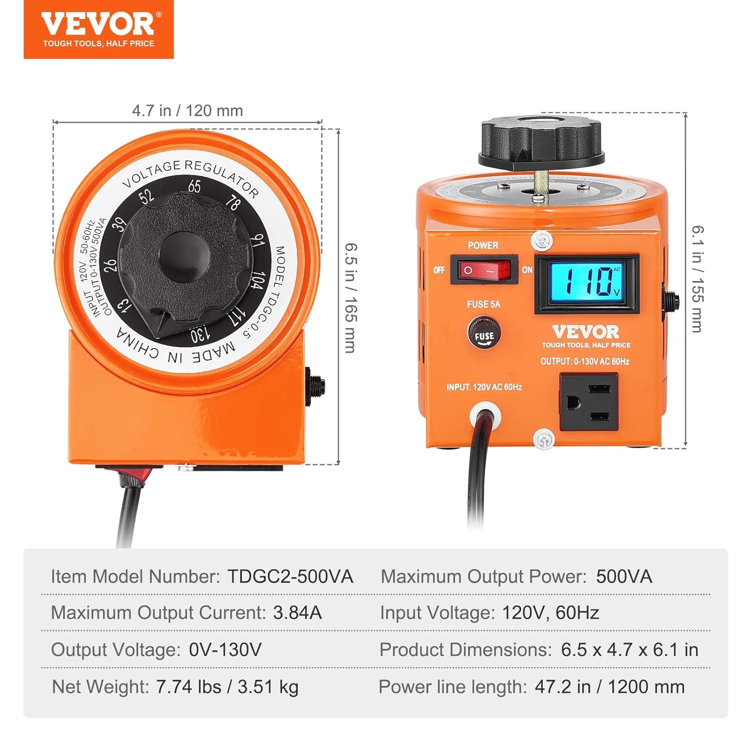 VEVOR 500VA Auto Variable Voltage Transformer, 15.3 Amp, 110V Input 0-130V Output AC Voltag