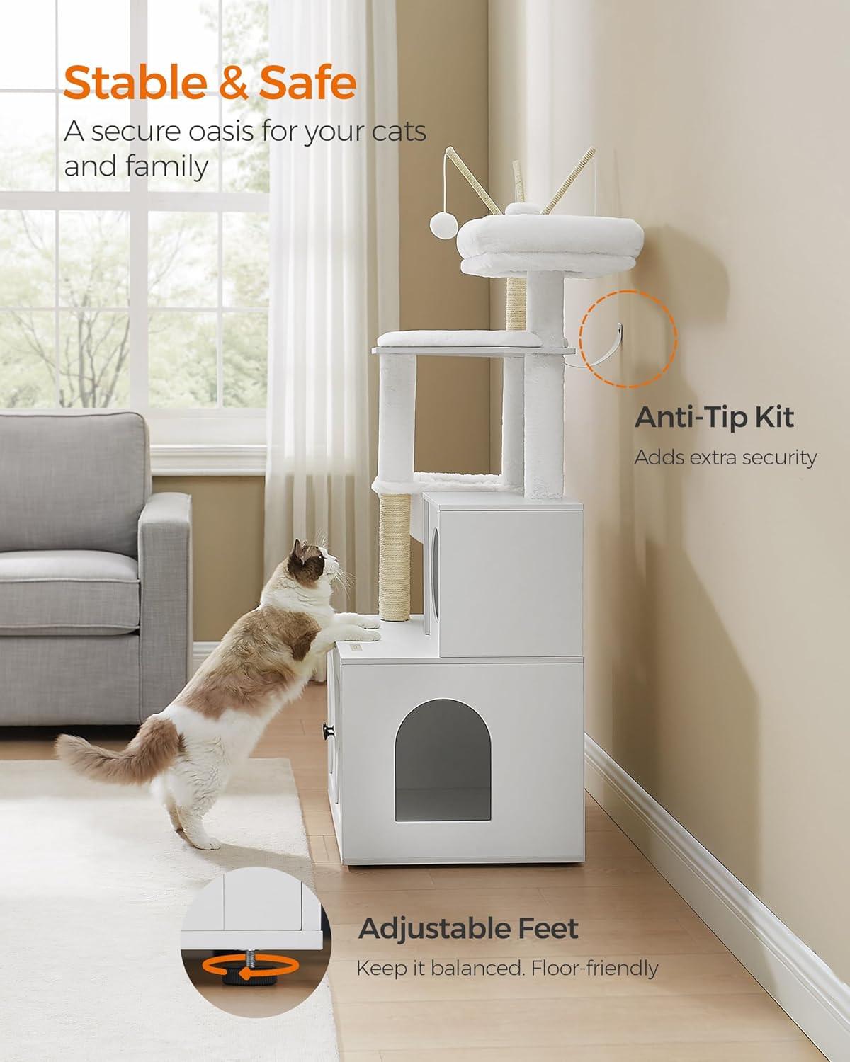 Feandrea Cat Tree with Litter Box Enclosure, 2-in-1 Modern Cat Tower, 55.1-Inch Cat Condo with Scratching Posts, Removable Pompom Sticks, Greige UPCT113G01