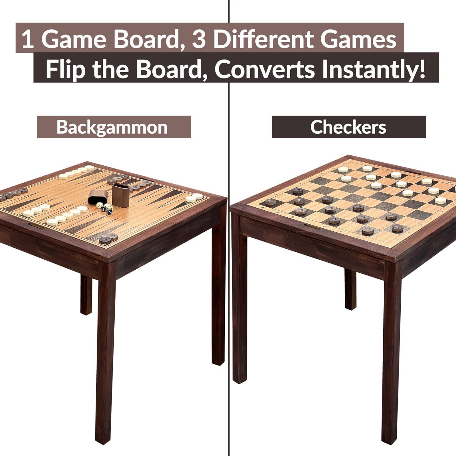 Sunnywood Wooden Chess Checkers and Backgammon 3 in 1 Combo Game Table Furniture Set, 25" x 25", 4" King