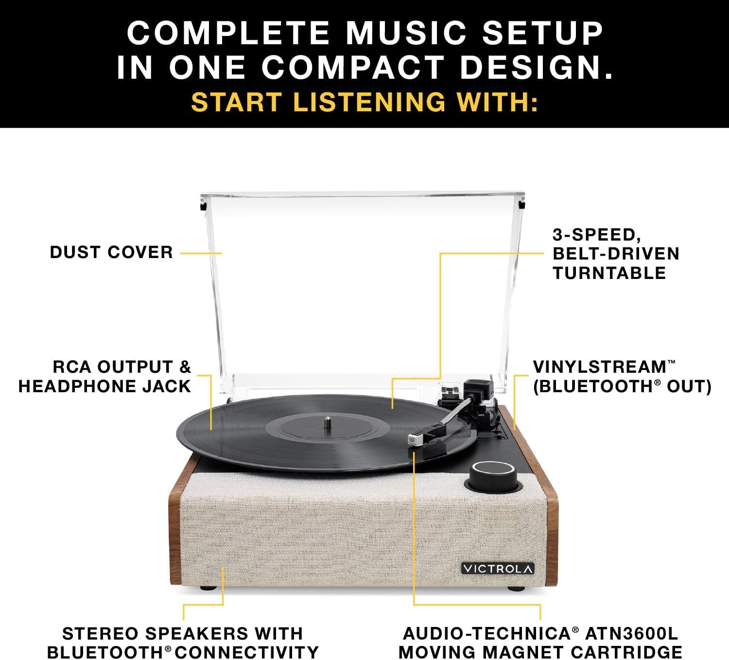 Victrola Eastwood II Bluetooth Belt Drive Turntable with Speakers, Oak