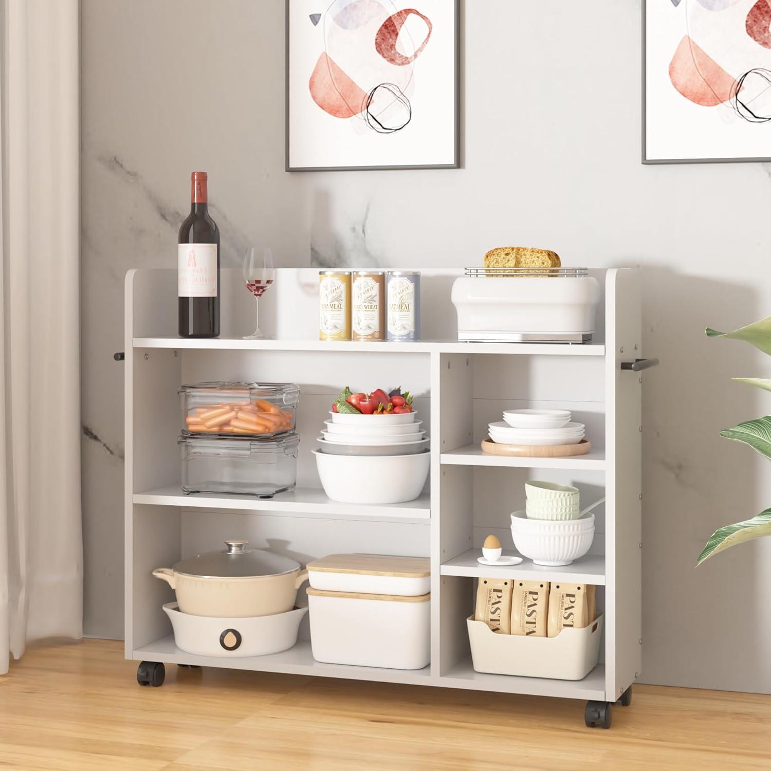 White MDF Rolling Library Book Cart with Adjustable Shelves