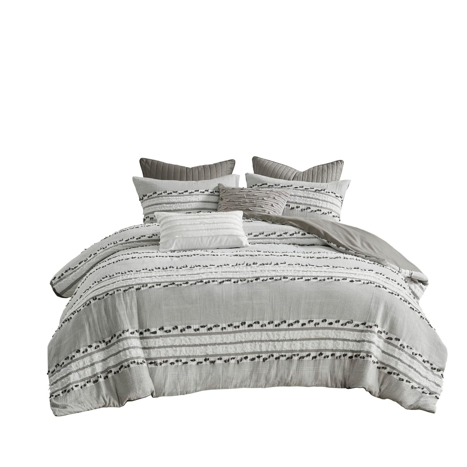 Full/QueenLennon Organic Cotton Jacquard Comforter Set Charcoal Gray: Farmhouse Style, OEKO-TEX Certified, 3-Piece Set