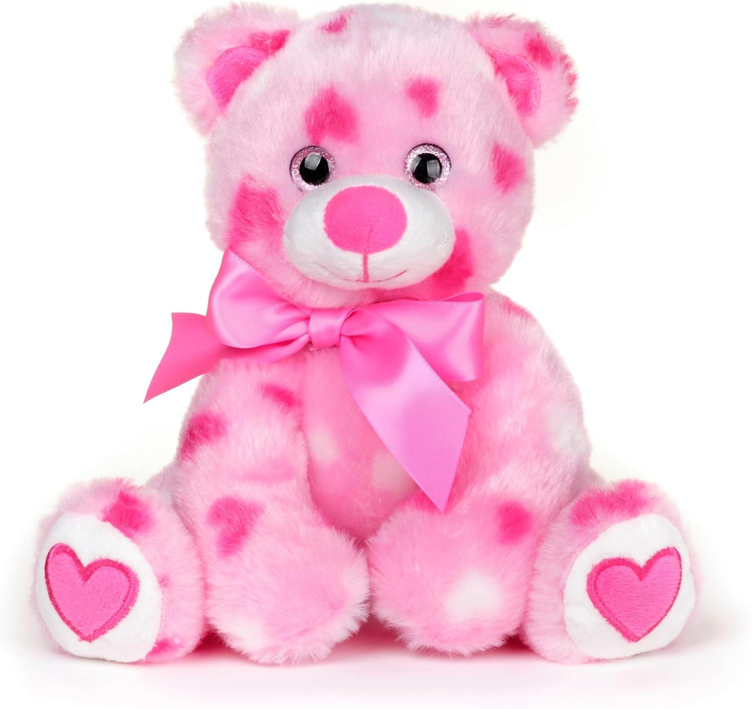 Bearington Pink Plush Stuffed Animal Teddy Bear with Hearts, 8.5 inches