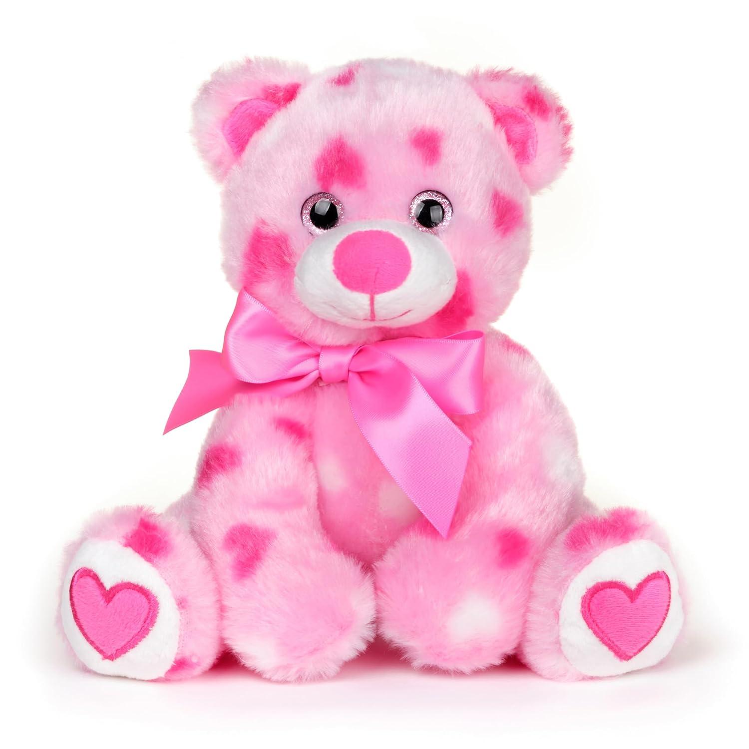 Bearington Pink Plush Stuffed Animal Teddy Bear with Hearts, 8.5 inches
