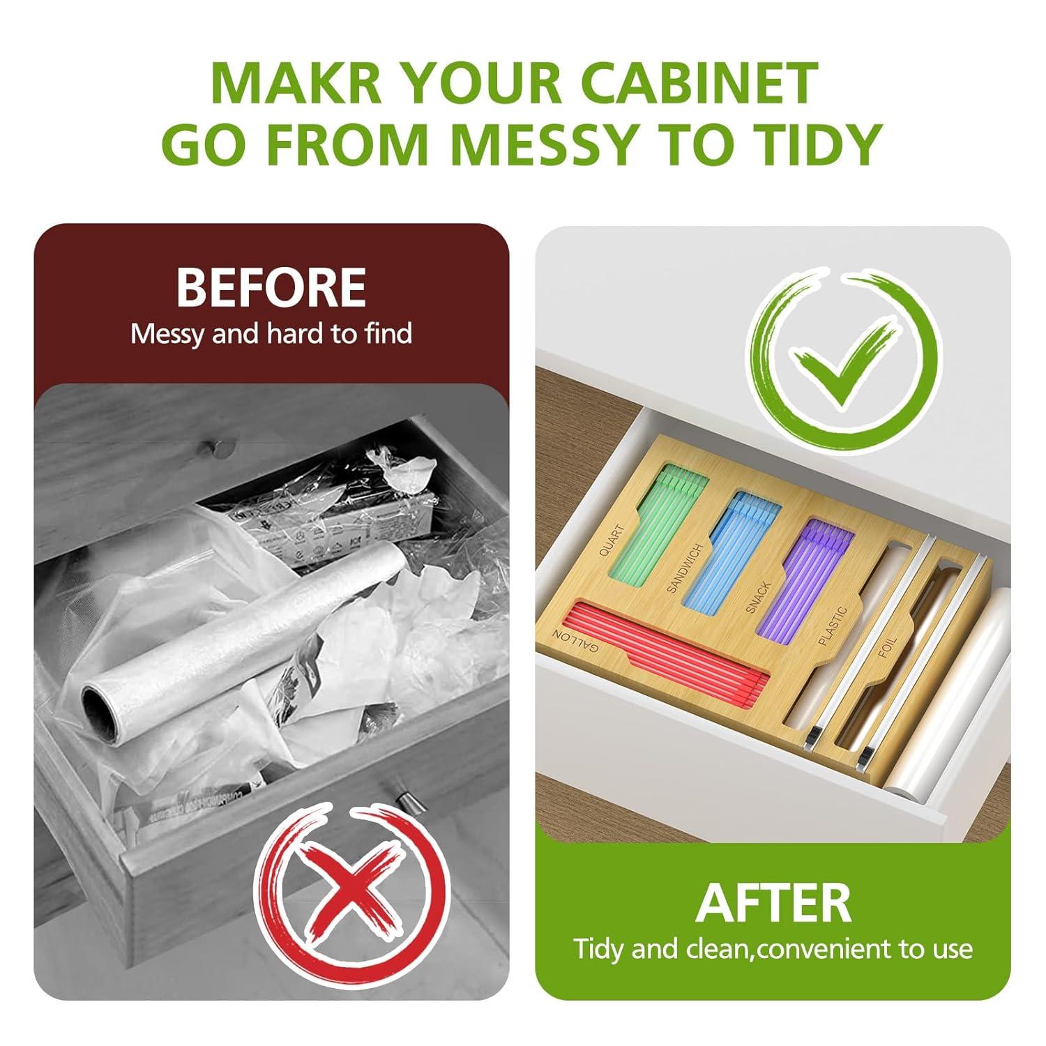 Natural Bamboo and Stainless Steel Kitchen Drawer Organizer