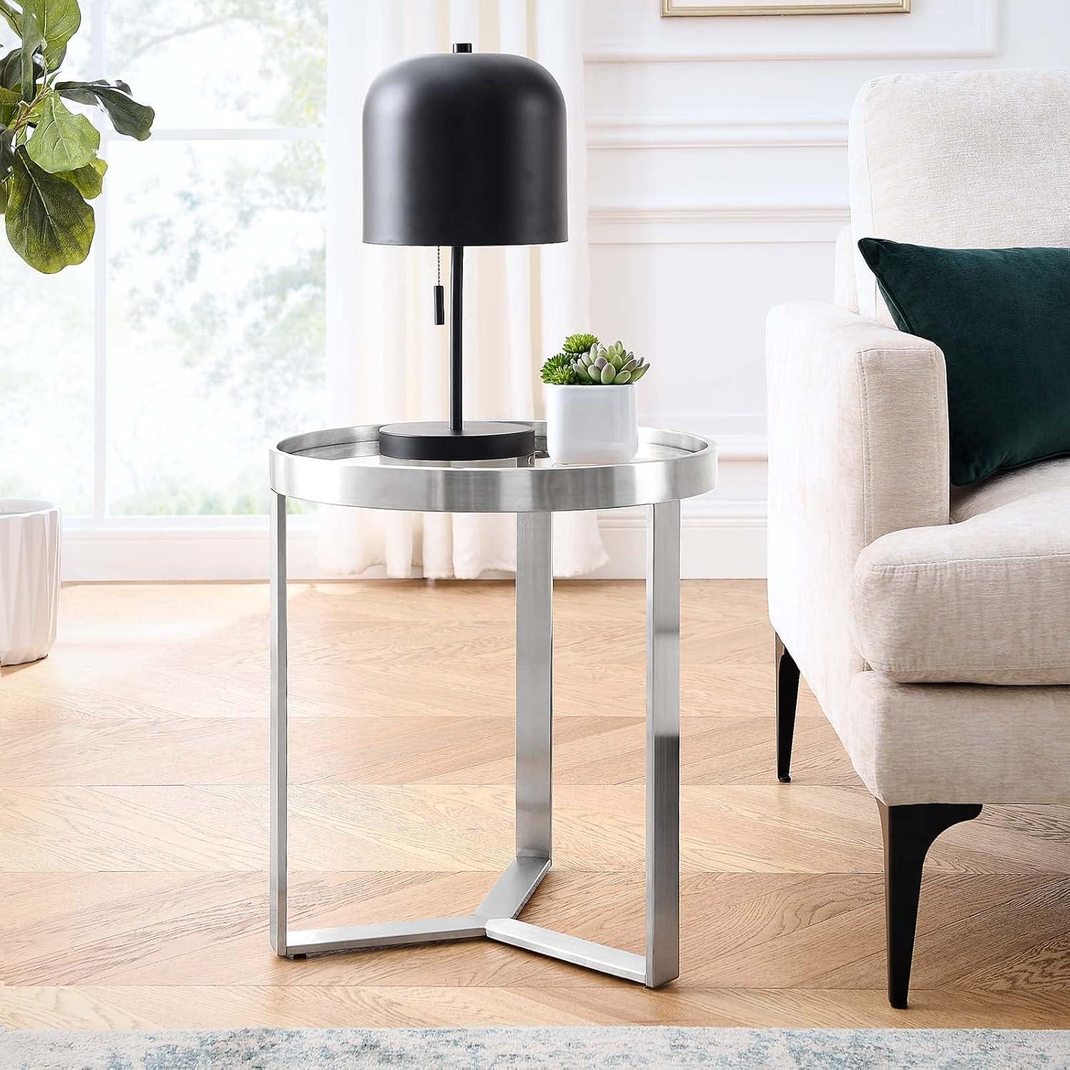 Silver Round Metal and Glass Accent Side Table