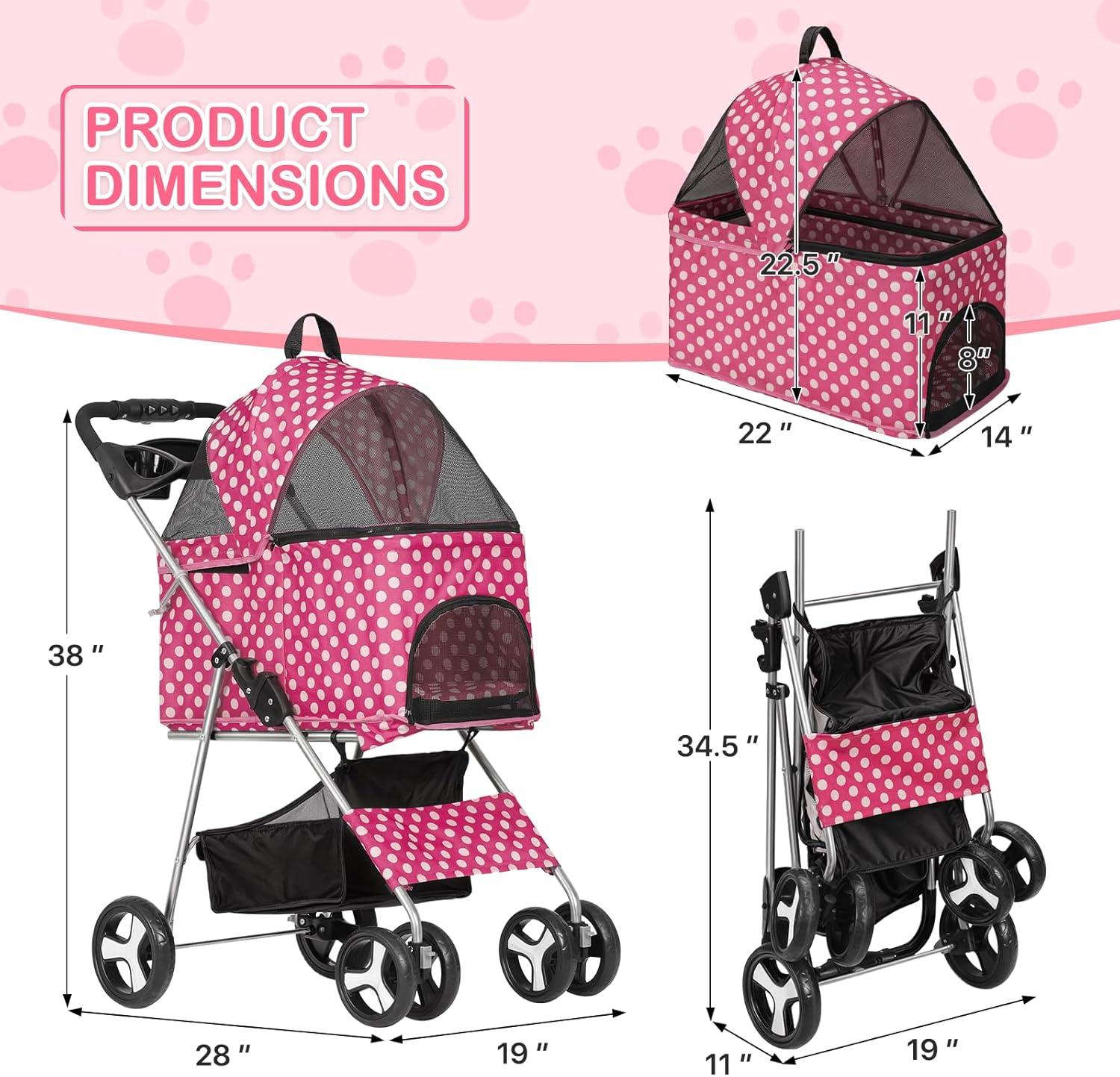 3-In-1 Pet Stroller Foldable Pet Stroller With Weather Cover Storage Basket For Dog Cat