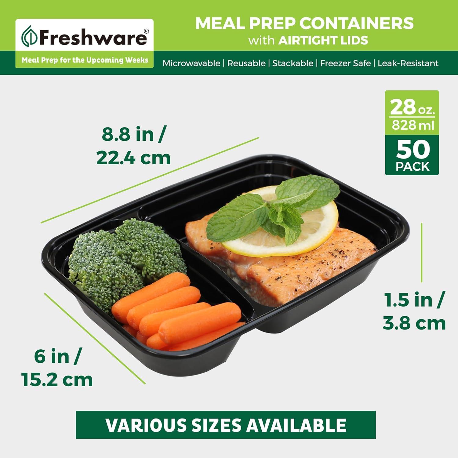 Black and Clear Plastic 28oz Meal Prep Containers with Dividers, 50 Pack