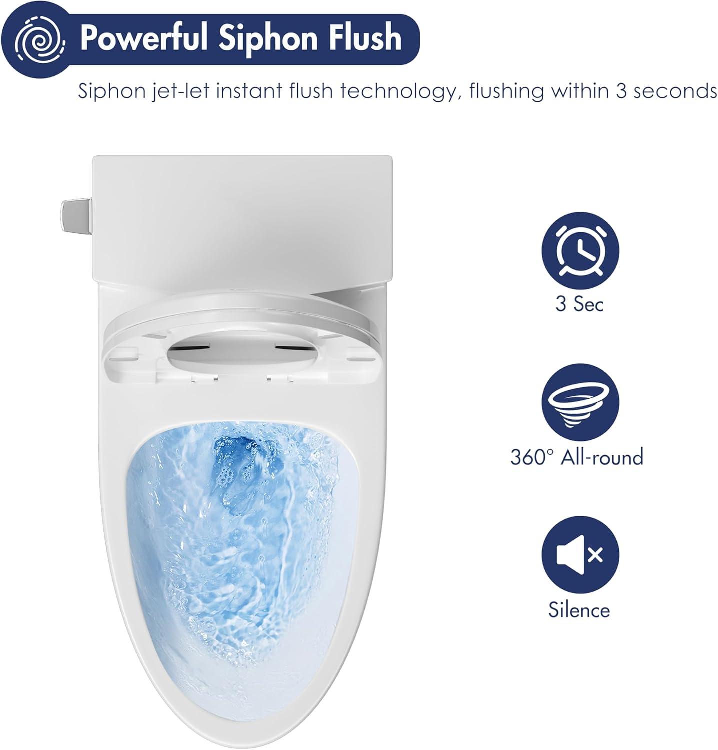 Eridanus One Piece Toilet Elongated With Soft Closing Seat, Comfortable ADA Compliant 17" Chair Height Seat, Powerful & Quiet Left Side Trip Lever Flush (1.28 GPF), 12" Rough-In