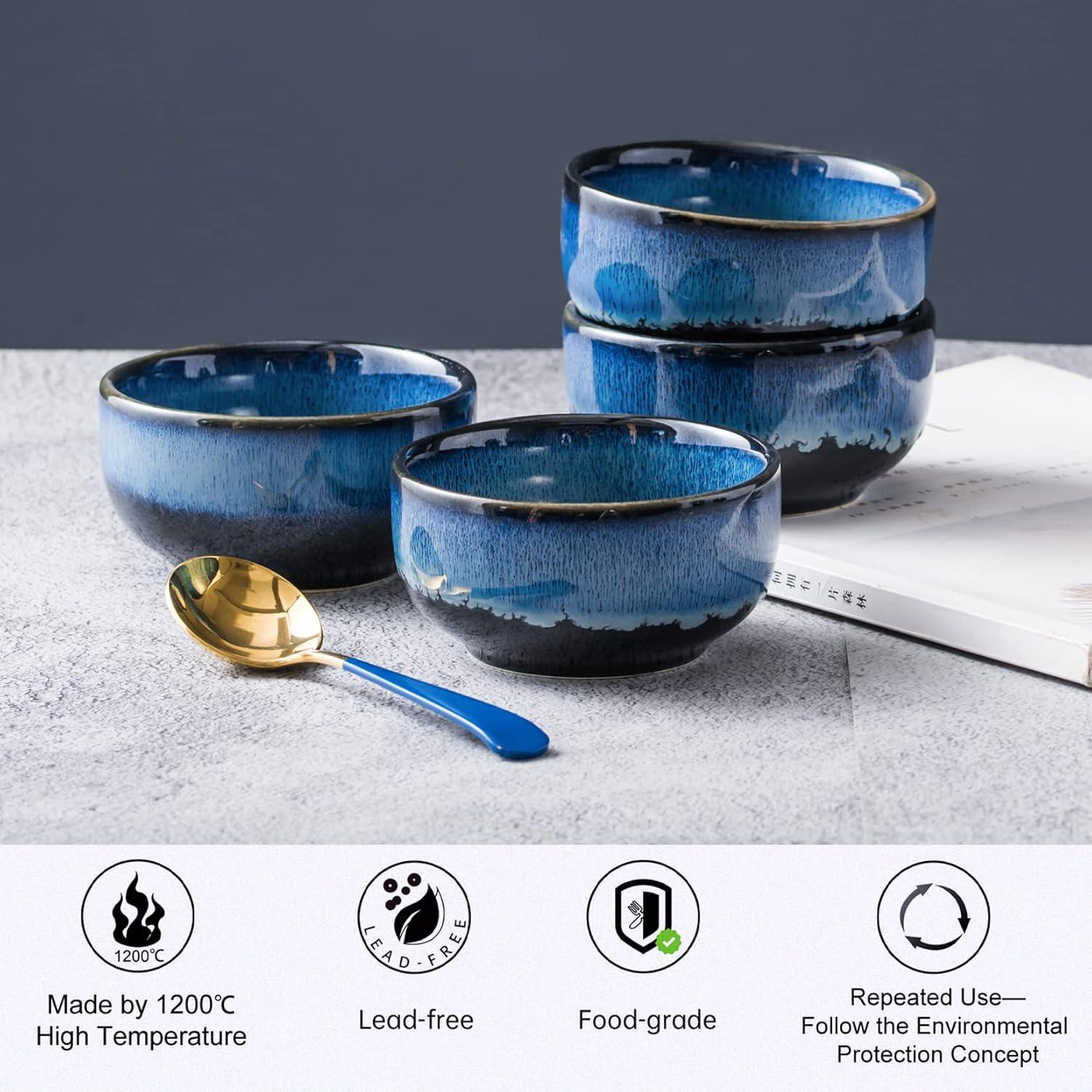 UNICASA Ceramic Dessert bowl,Set of 4,Porcelain 8 Oz Bowl Set for Rice Soup Snack Ice Cream（Blue）