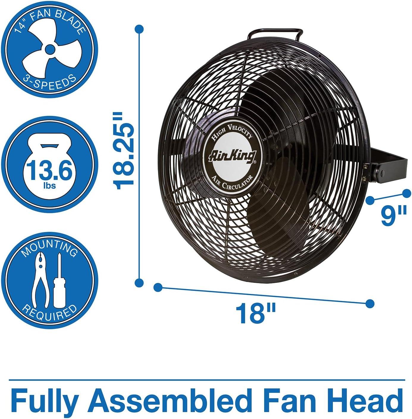 Air King 14 Inch 1/20 Horsepower 3-Speed Indoor Industrial and Commercial Enclosed Pivoting Warehouse Garage Steel Multi-Mount Fan, Black