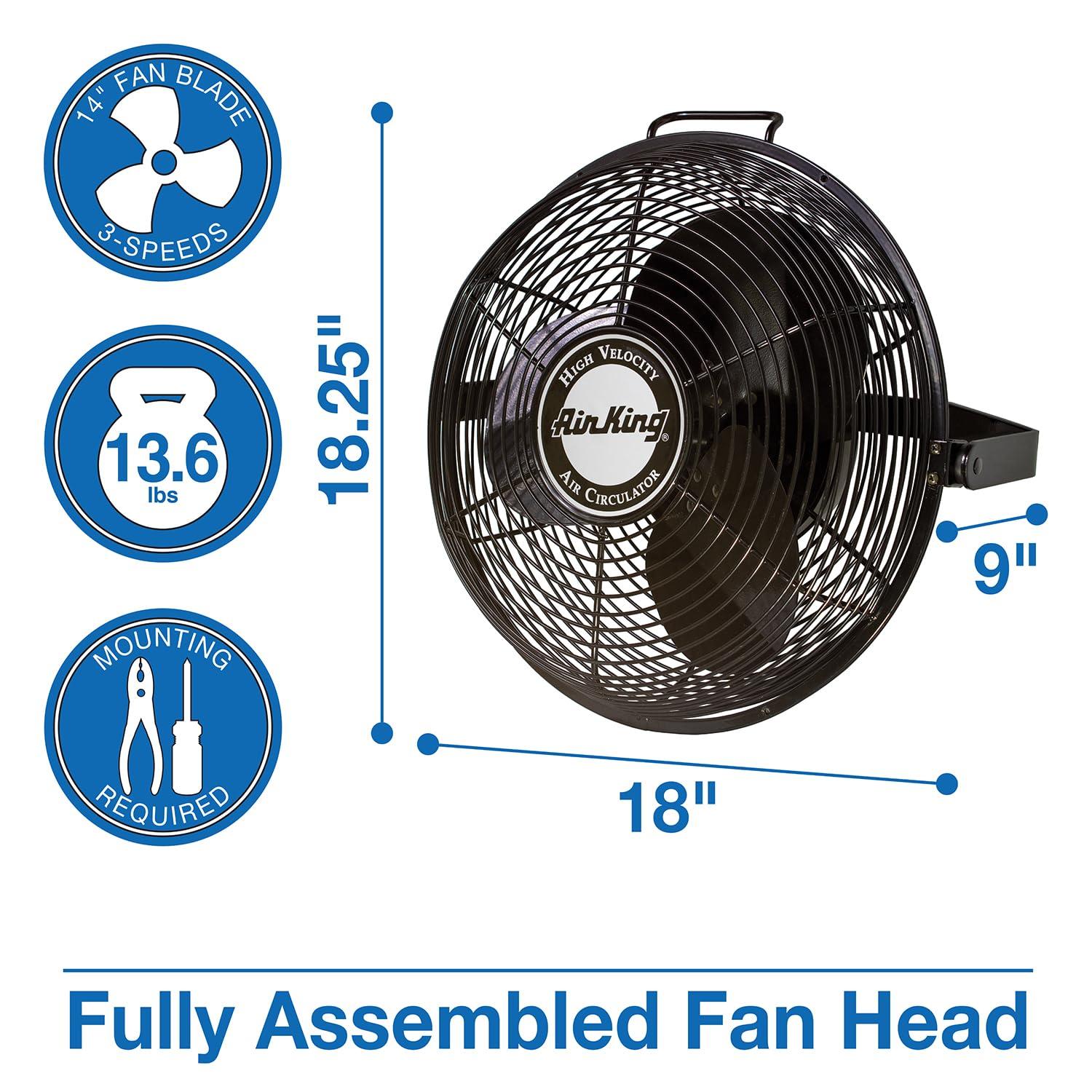 Air King 14 Inch 1/20 Horsepower 3-Speed Indoor Industrial and Commercial Enclosed Pivoting Warehouse Garage Steel Multi-Mount Fan, Black